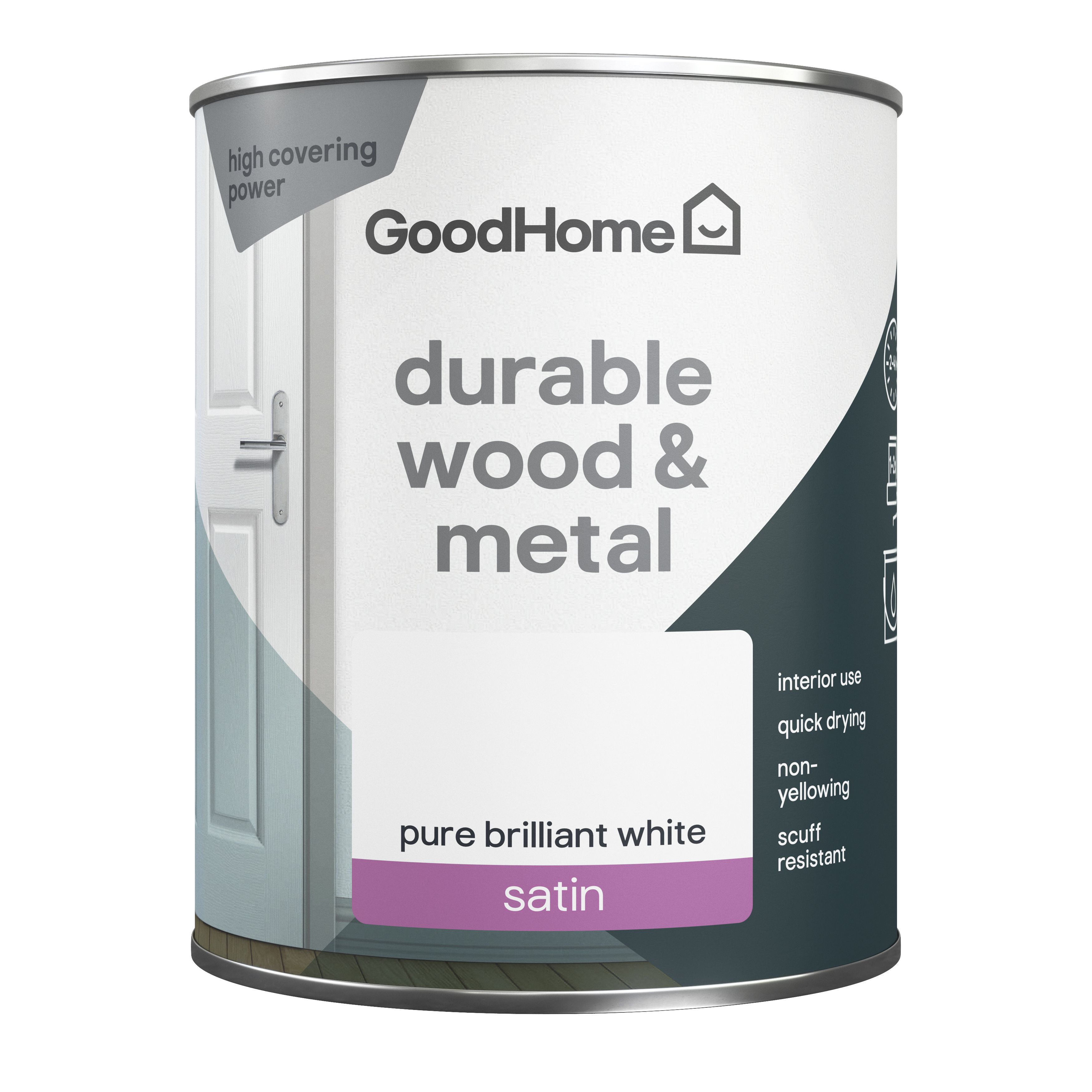 GoodHome Durable Pure Brilliant White Satinwood Metal & wood paint, 750ml