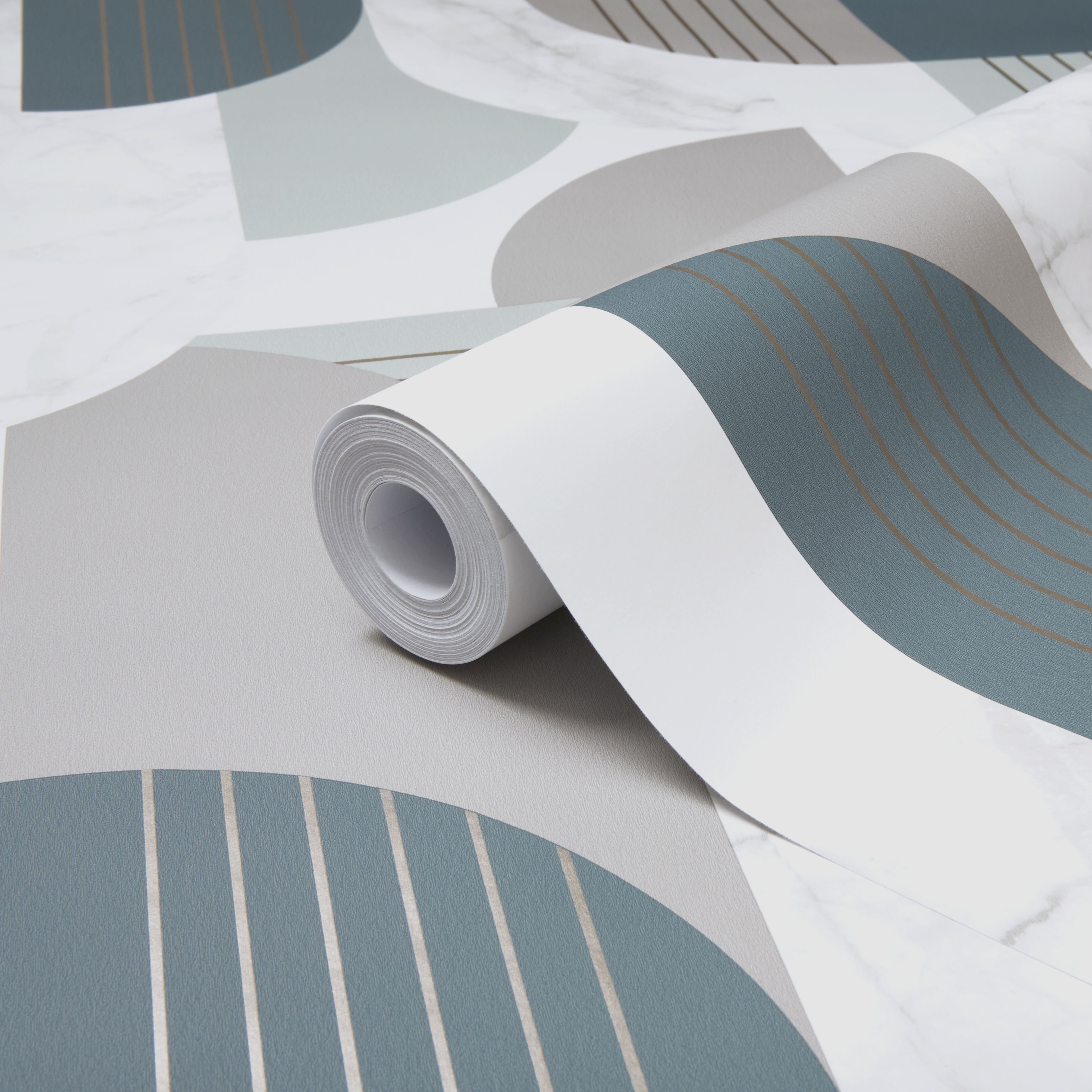GoodHome Eanness Teal blue Geometric Metallic effect Smooth Wallpaper DIY at B&Q