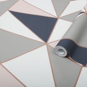 GoodHome Eastnor Navy & pink Geometric Metallic effect Smooth Wallpaper