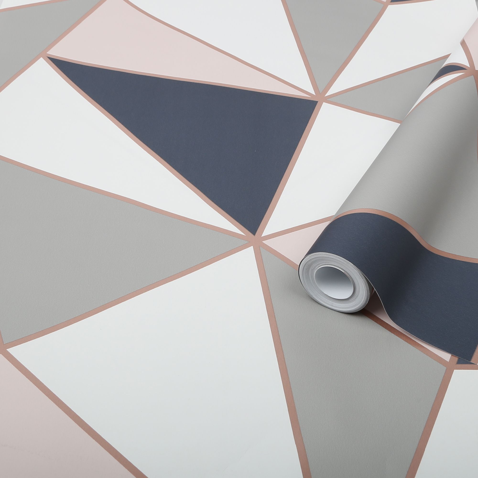 GoodHome Eastnor Navy & pink Metallic effect Geometric Smooth Wallpaper