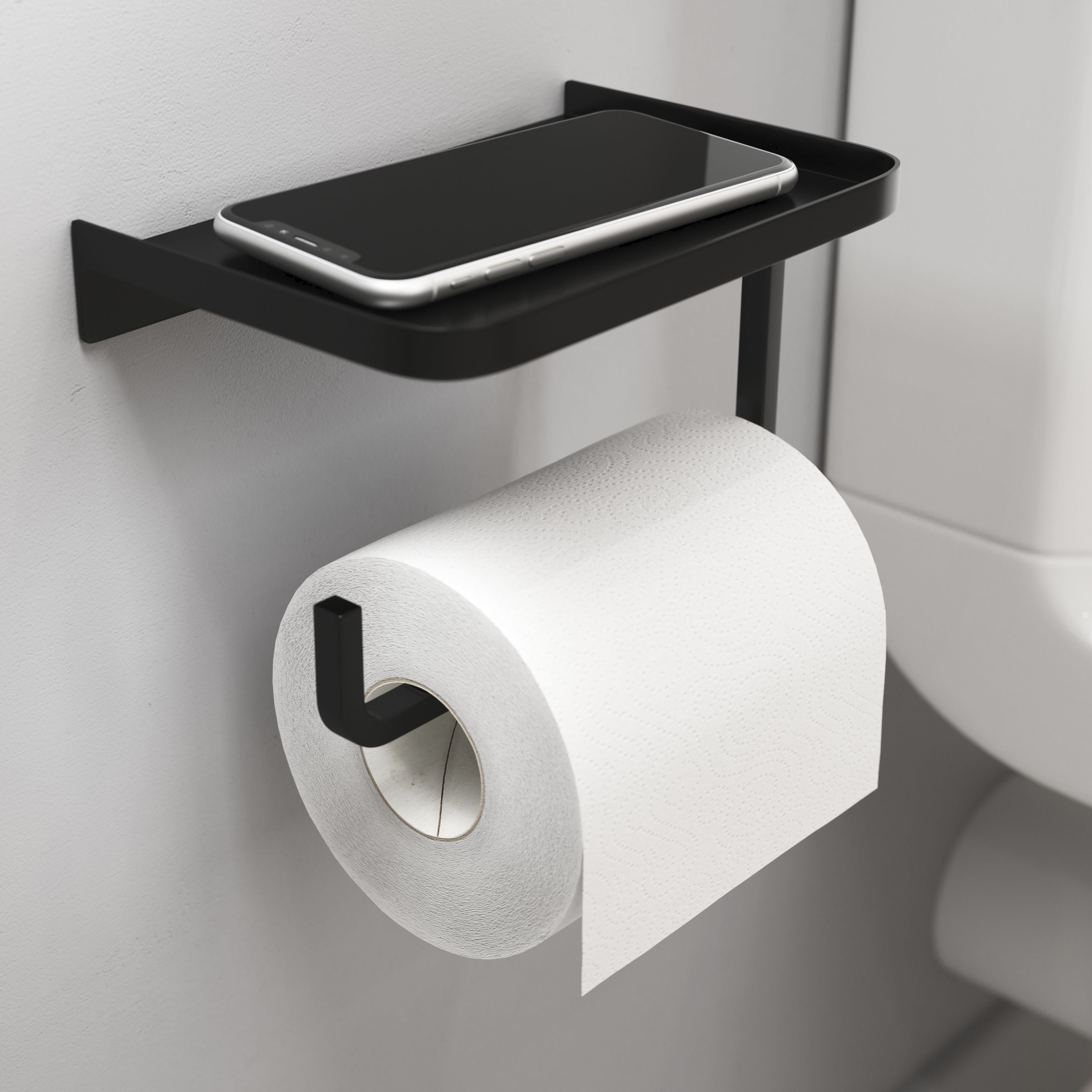 GoodHome Elland Matt Black Wall-mounted Toilet roll holder with shelf (H)118mm (W)1750mm