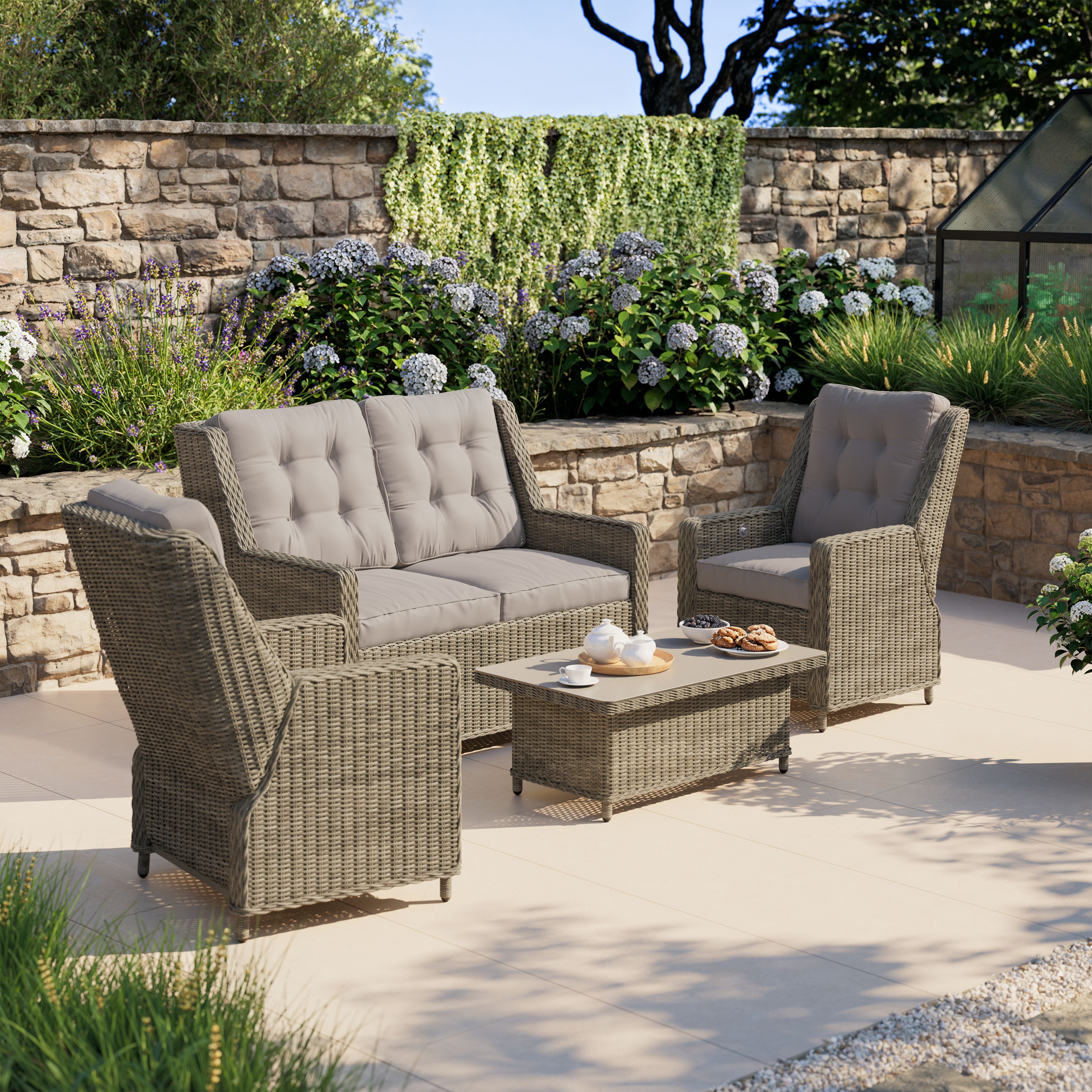 GoodHome Emali Matt Brown Rattan effect 4 Seater Coffee set