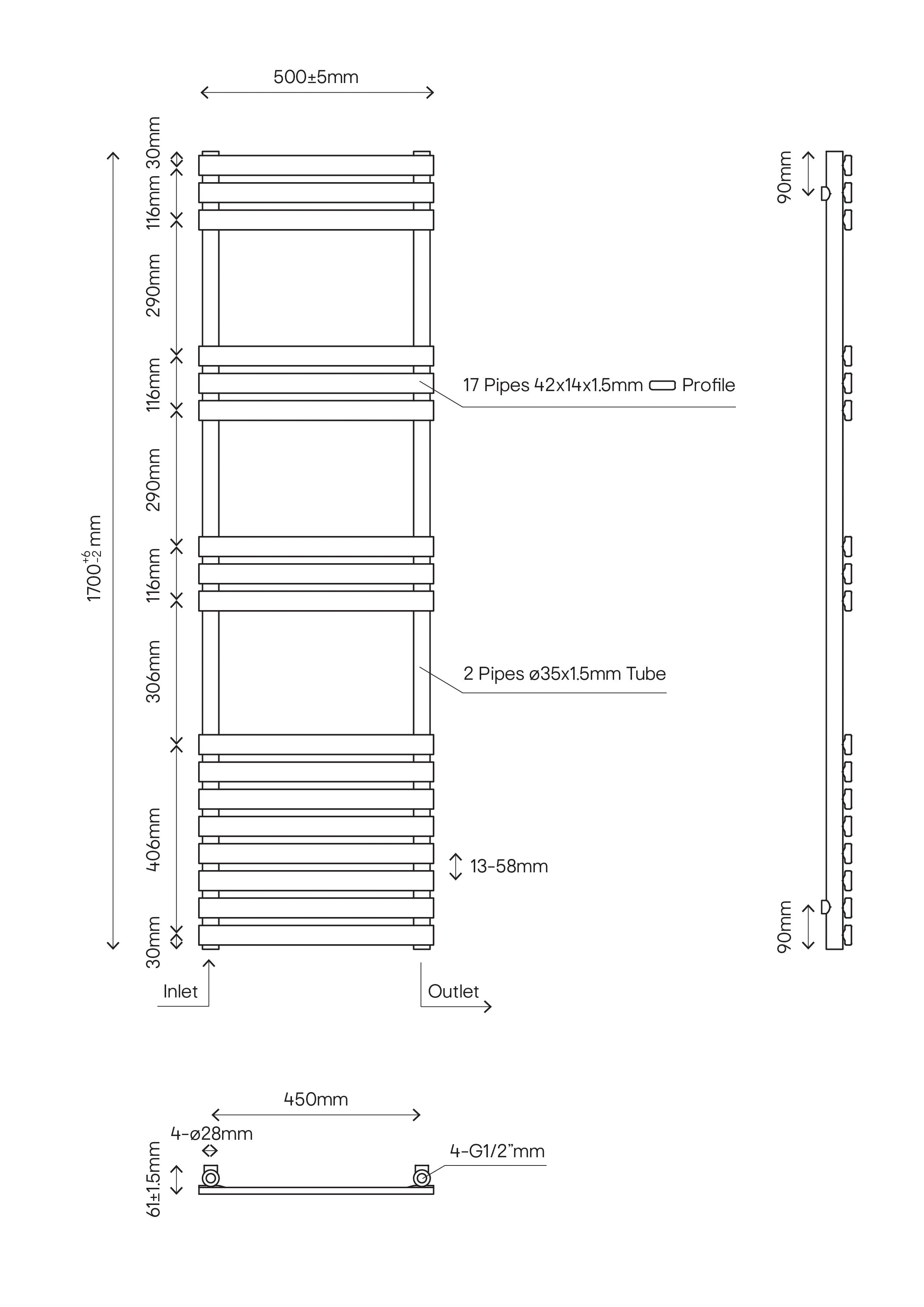 GoodHome Emsworth White 2363BTU Vertical Towel radiator (W)500mm x (H ...
