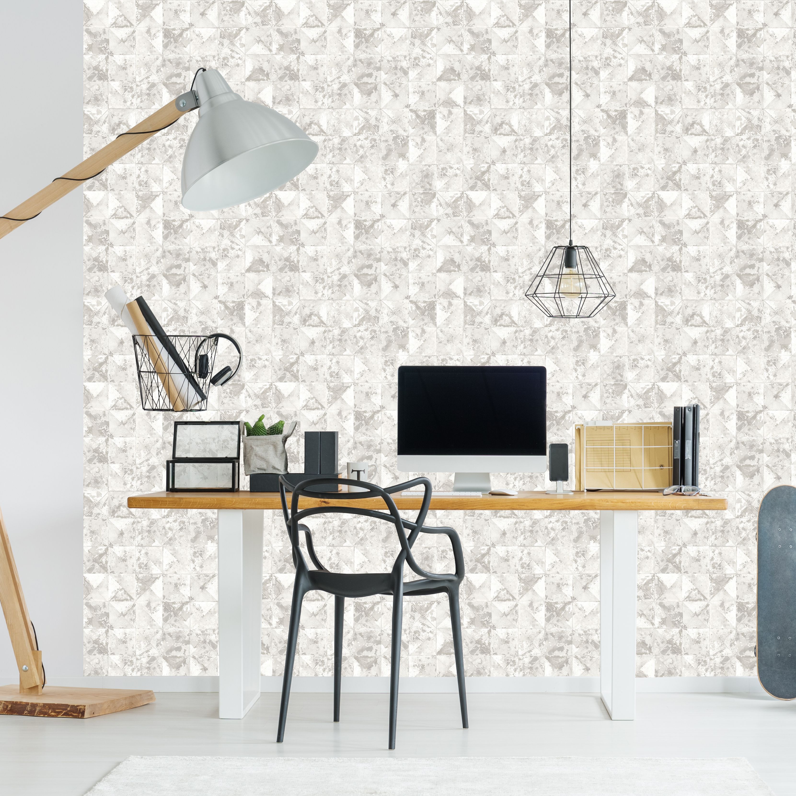 GoodHome Eudya Grey & white Metallic effect Geometric Textured Wallpaper