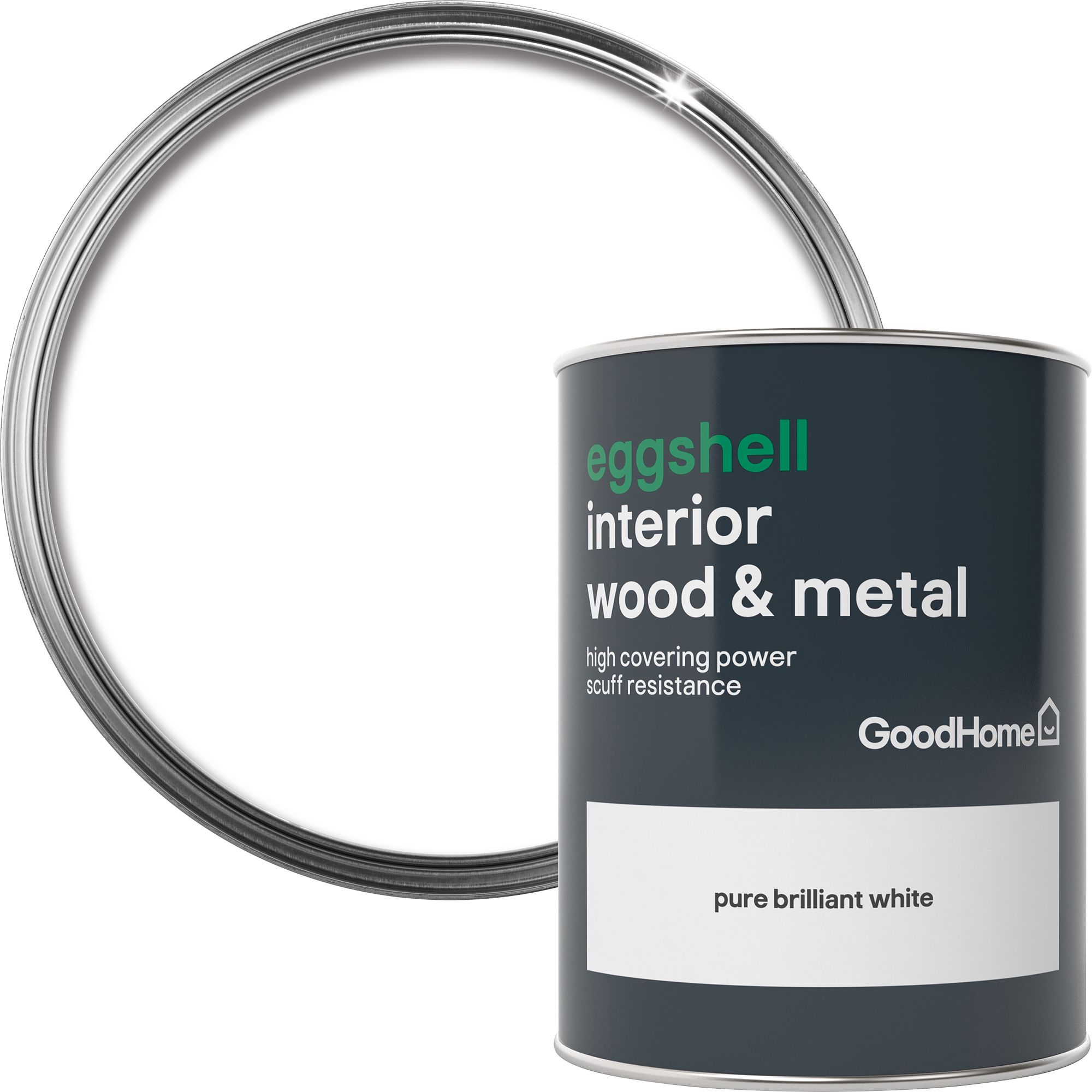 GoodHome Extra hardwearing Pure brilliant white Eggshell Metal & wood paint, 750ml DIY at B&Q