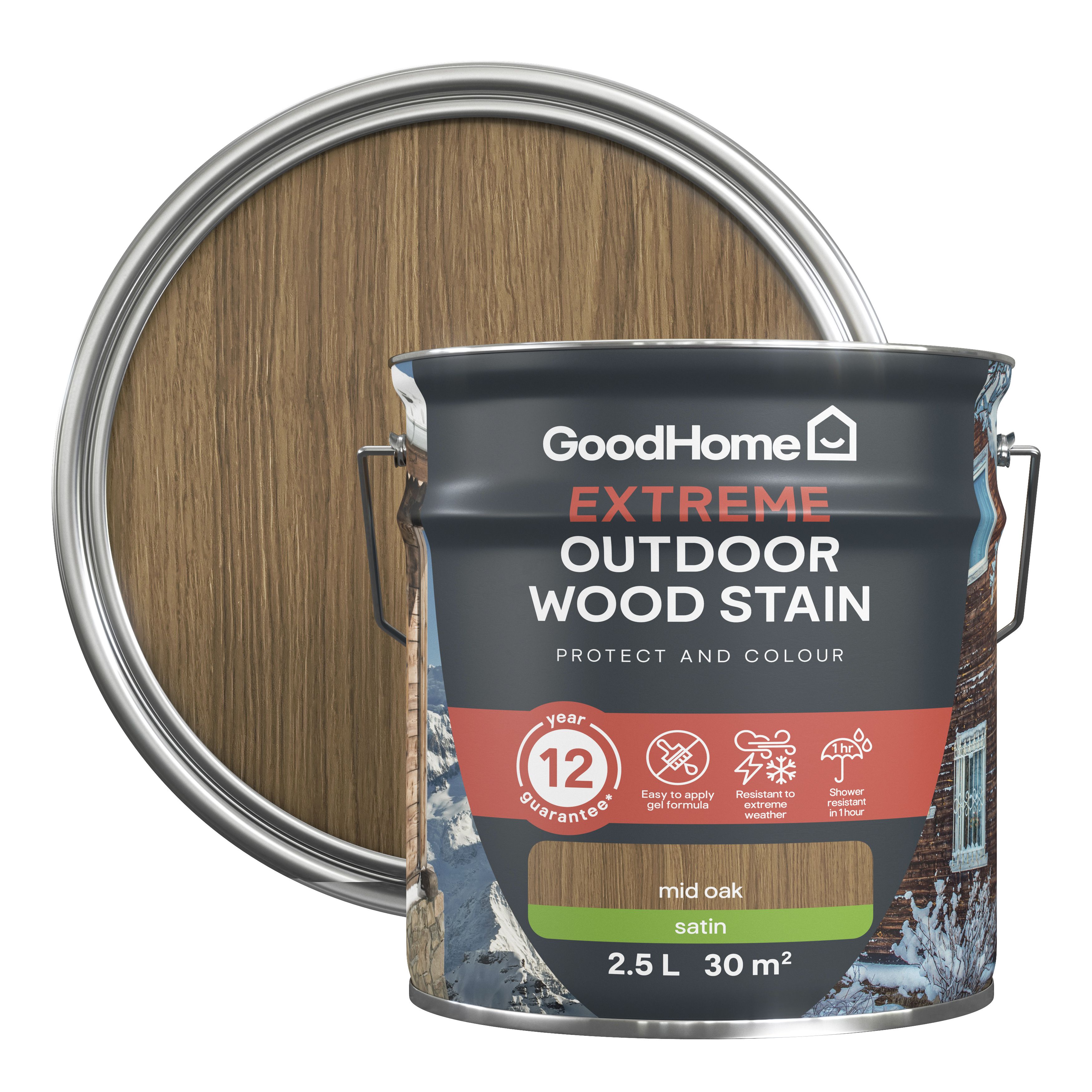 GoodHome Extreme Outdoor Mid Oak Satin Quick dry Wood stain, 2.5L DIY