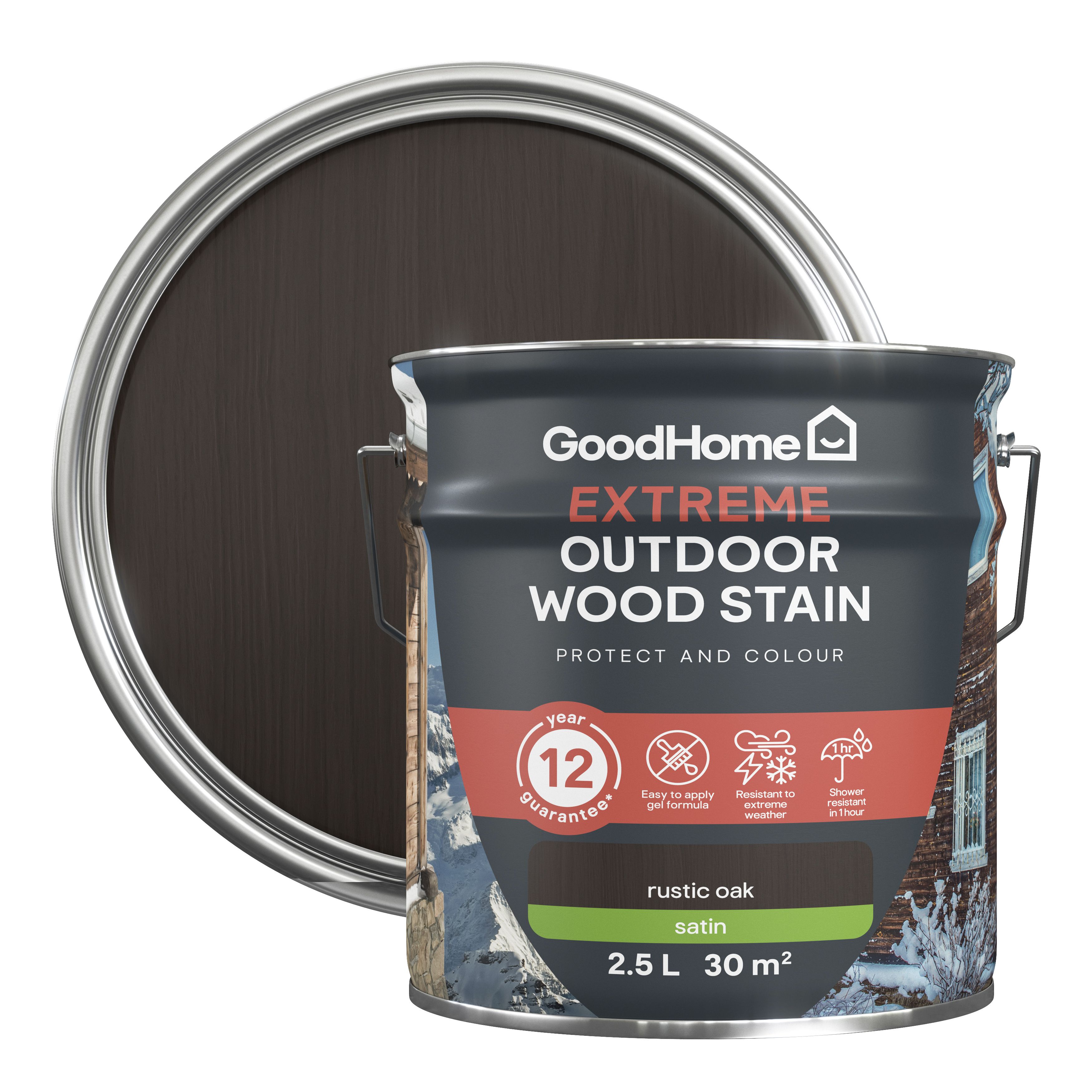 GoodHome Extreme Outdoor Rustic Oak Satin Quick dry Wood stain, 2.5L