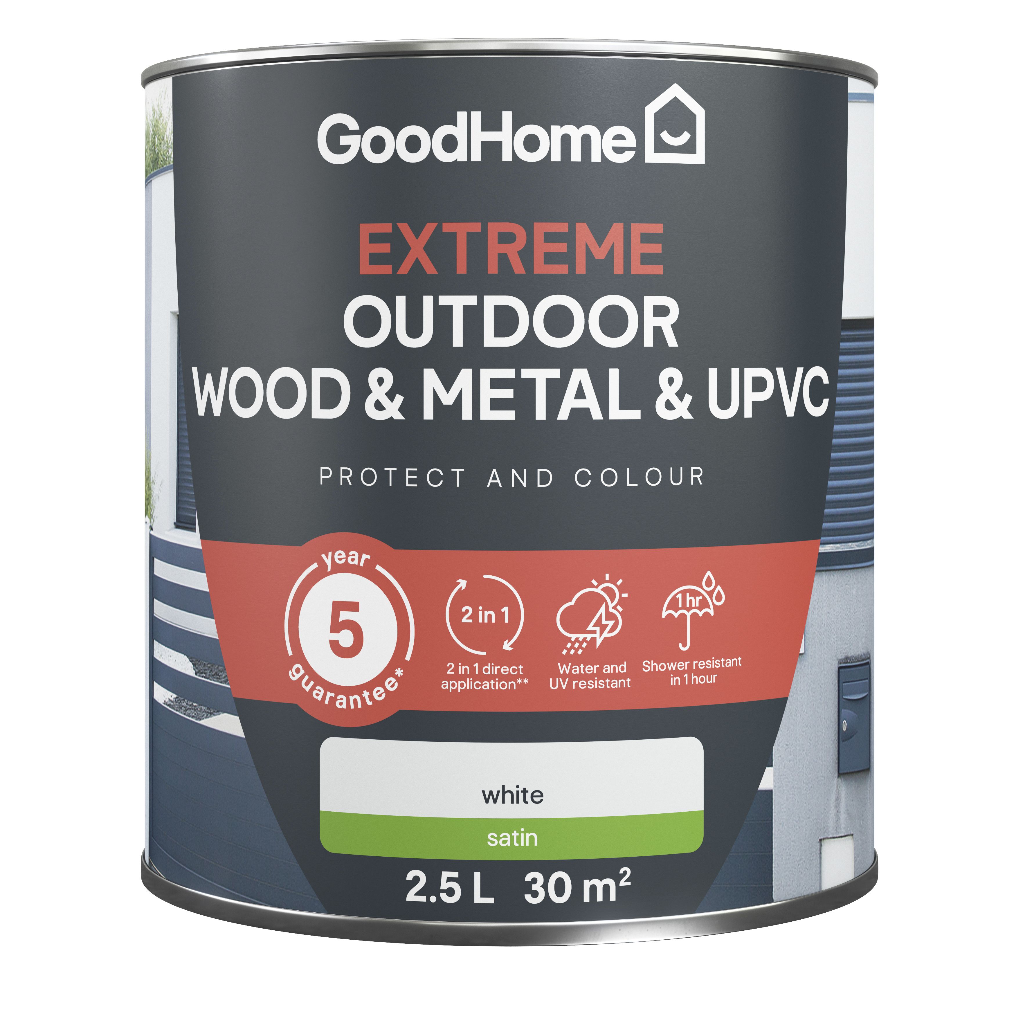 GoodHome Extreme Outdoor White Satinwood Multi-surface paint, 2.5L