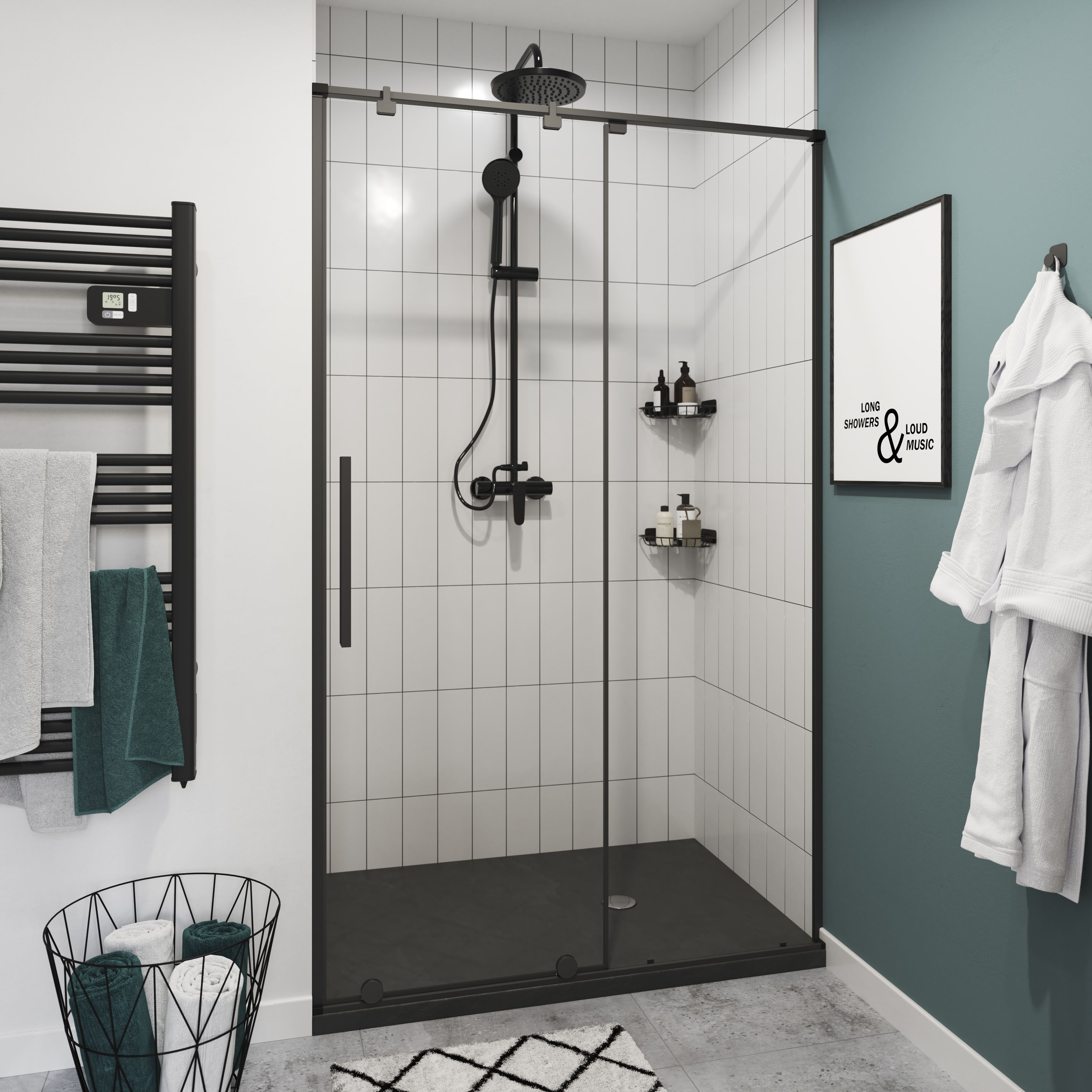 GoodHome Ezili Minimal frame Black Clear Sliding Shower door (H)195cm (W)98cm