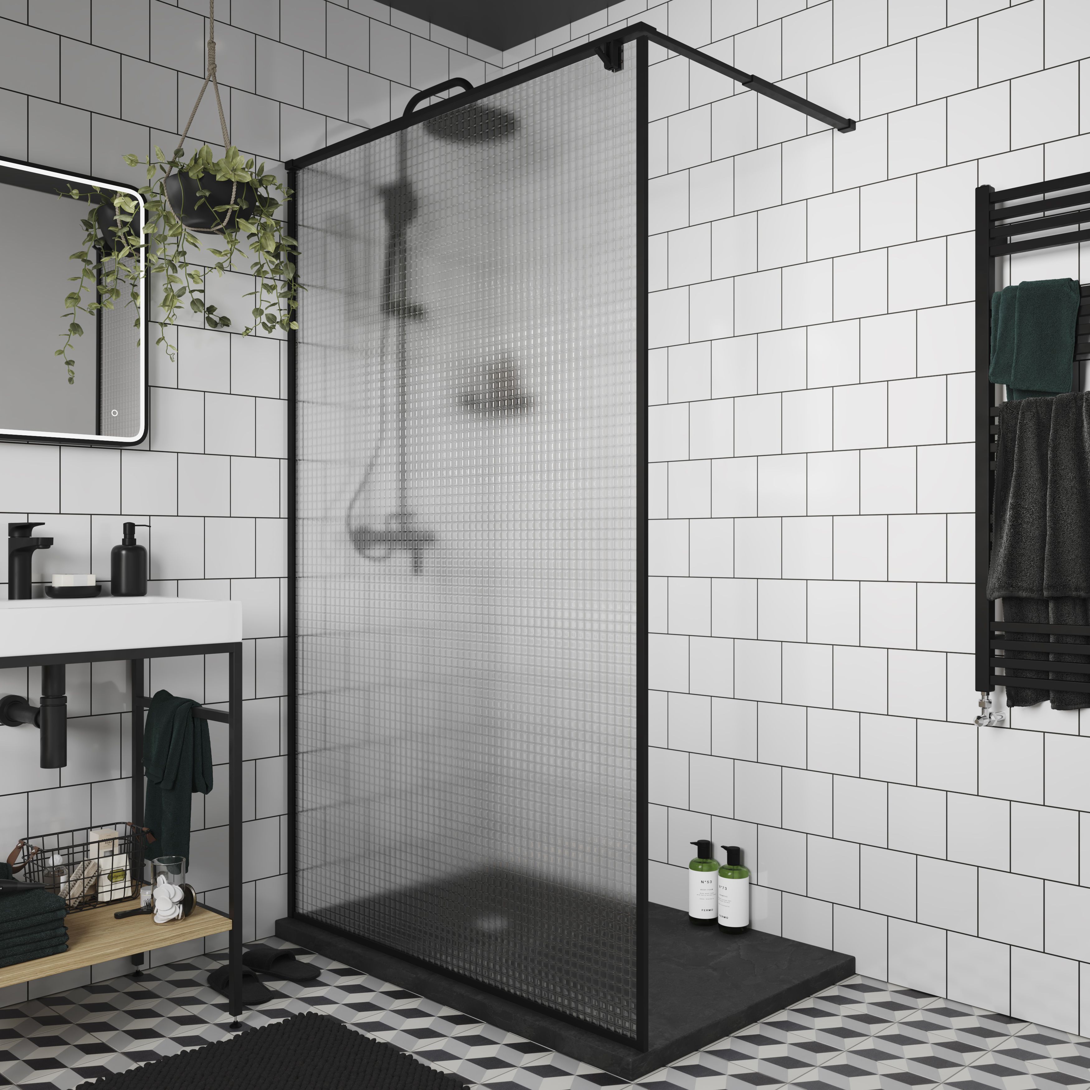 GoodHome Ezili Textured Minimal frame Walk-in Wet room glass screen (H)195cm (W)120cm