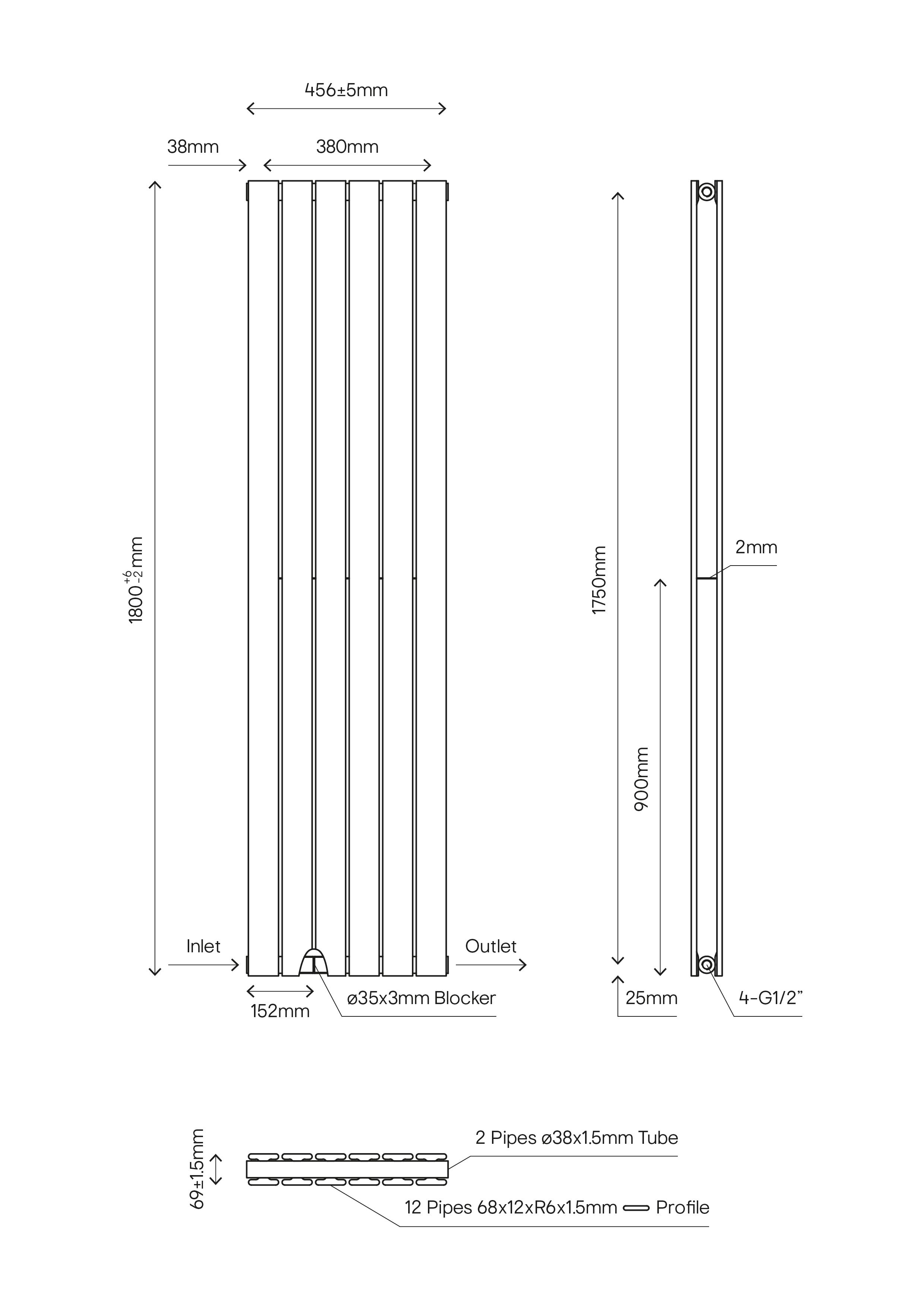 GoodHome Faringdon White Vertical Designer 4730BTU Radiator, (W)456mm x (H)1800mm