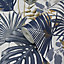 GoodHome Ferula Blue Tropical leaves Textured Wallpaper Sample