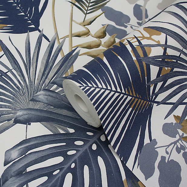 Goodhome Ferula Blue Tropical Leaves Textured Wallpaper Diy At B Q - Palm Leaf Wallpaper B Q