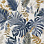 GoodHome Ferula Blue Tropical leaves Textured Wallpaper