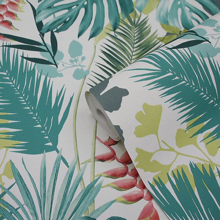 Goodhome Ferula Green Tropical Leaves Textured Wallpaper Diy At B Q - Palm Leaf Wallpaper B Q