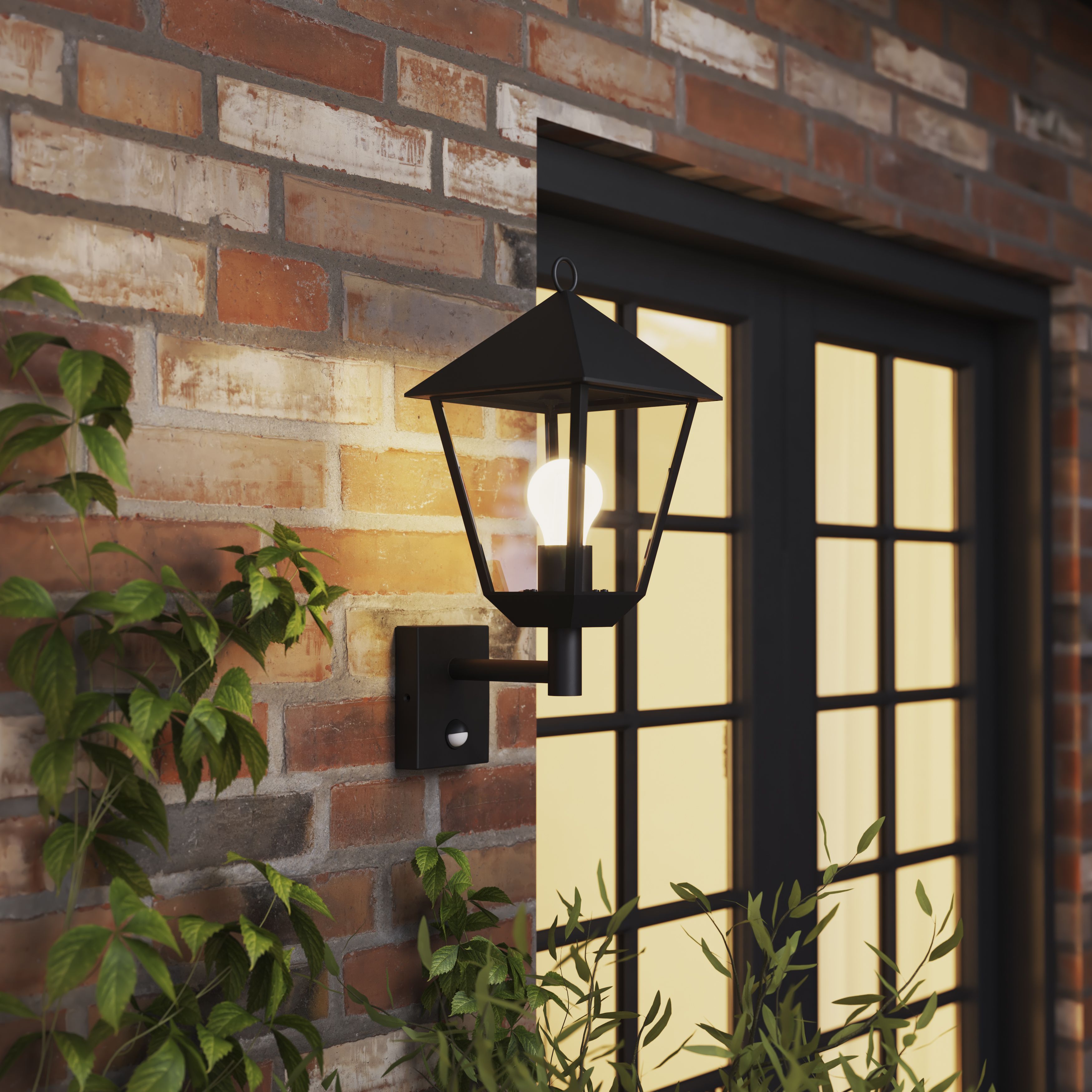 GoodHome Fixed Matt Black PIR Motion sensor Outdoor Lantern Wall light 25W
