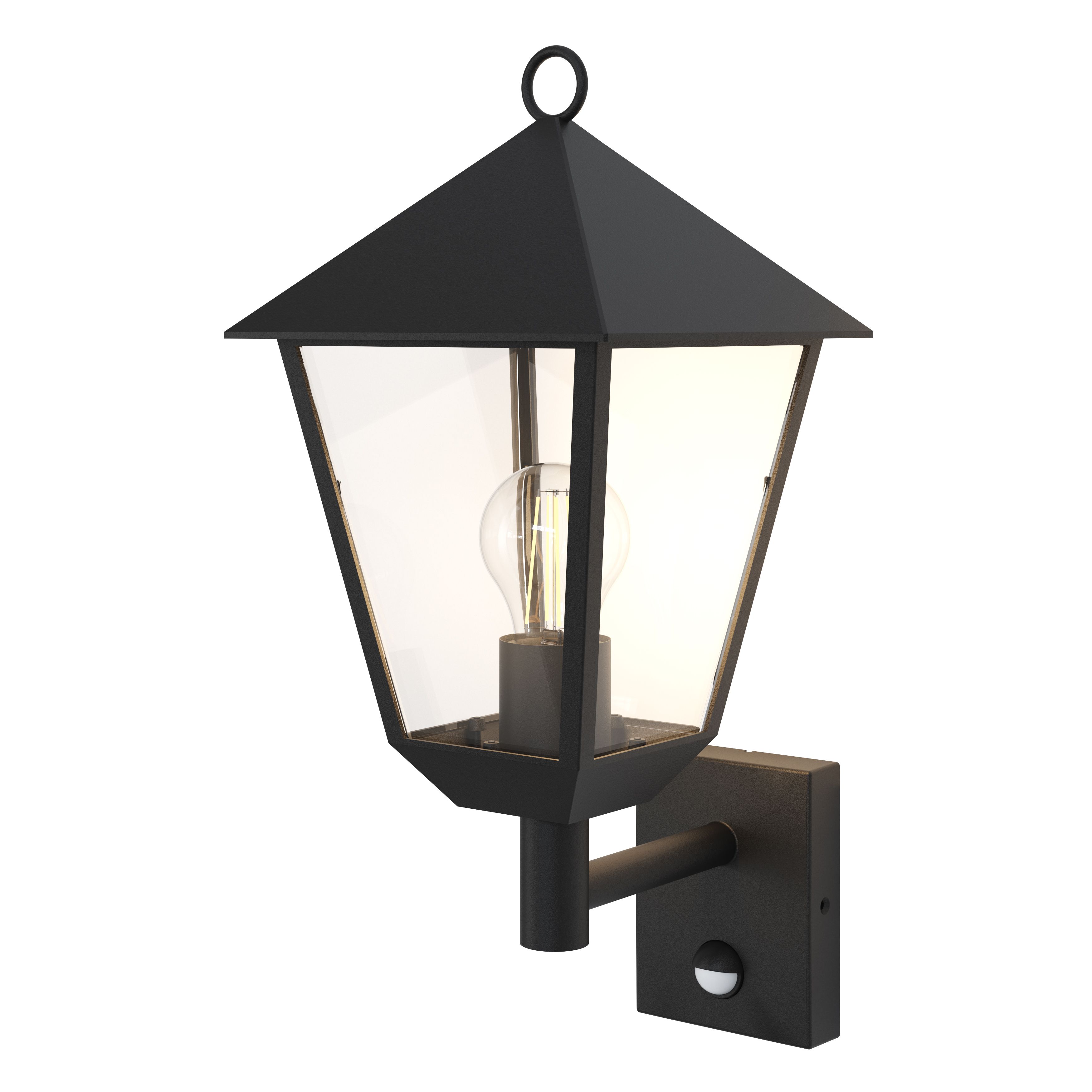 GoodHome Fixed Matt Black PIR Motion sensor Outdoor Lantern Wall light 25W