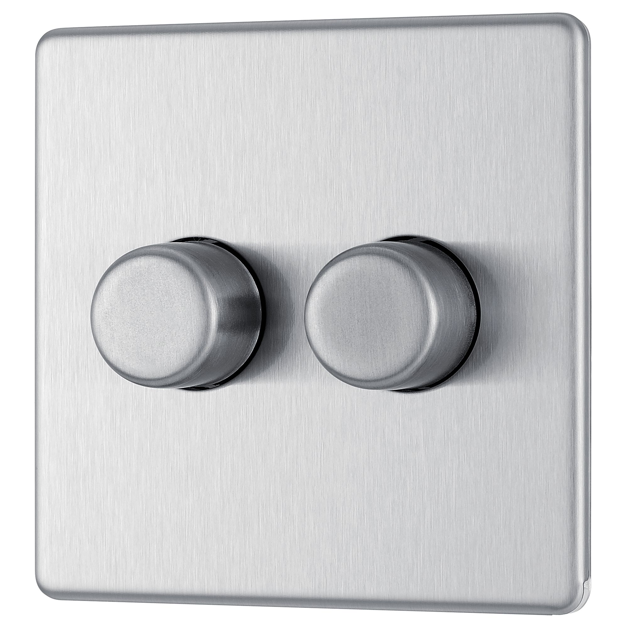 GoodHome Flat profile Double 2 way 200W Screwless Dimmer switch Silver 2 gang