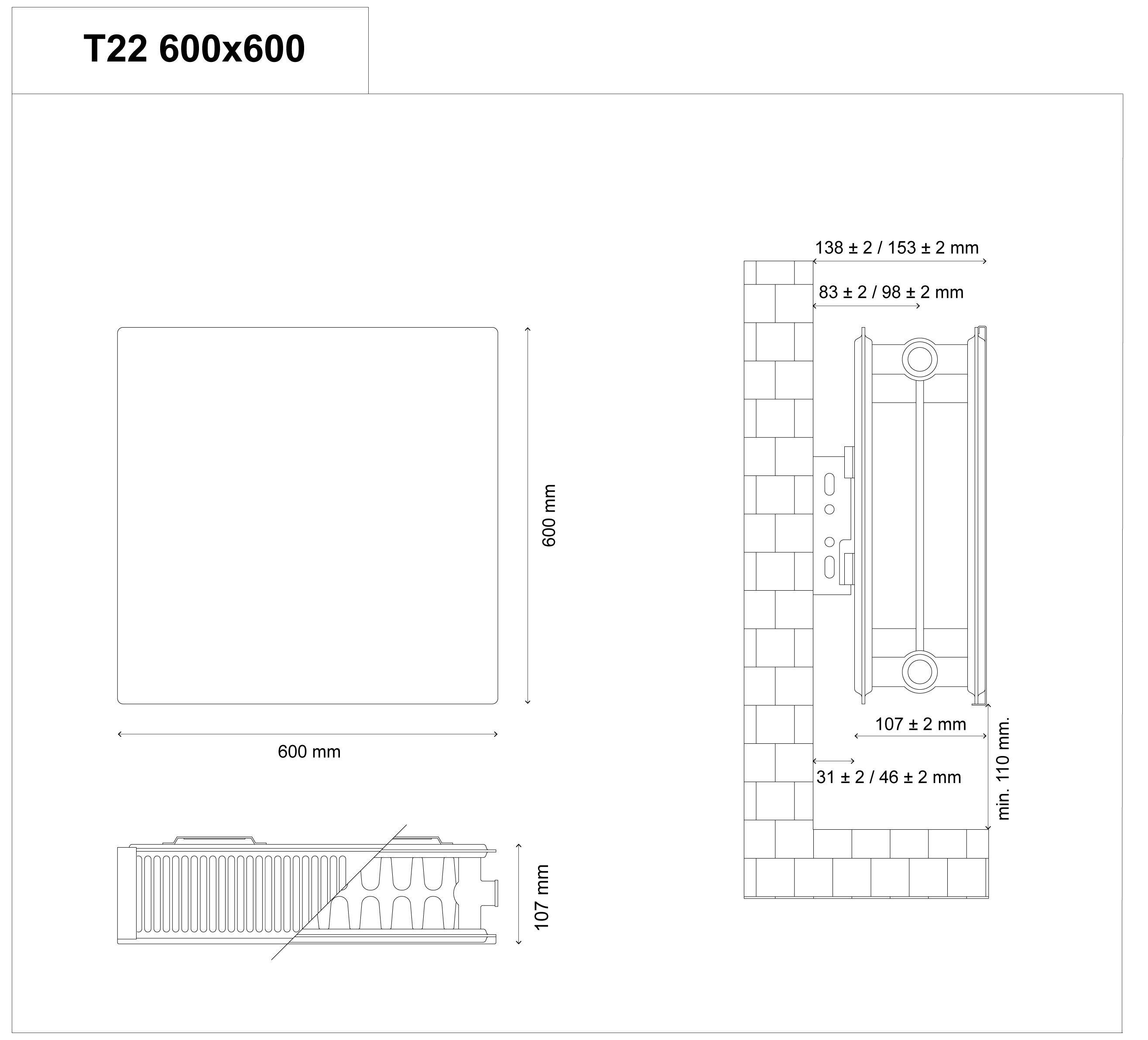 GoodHome Flat White Type 22 Double Panel Radiator, (W)600mm x (H)600mm