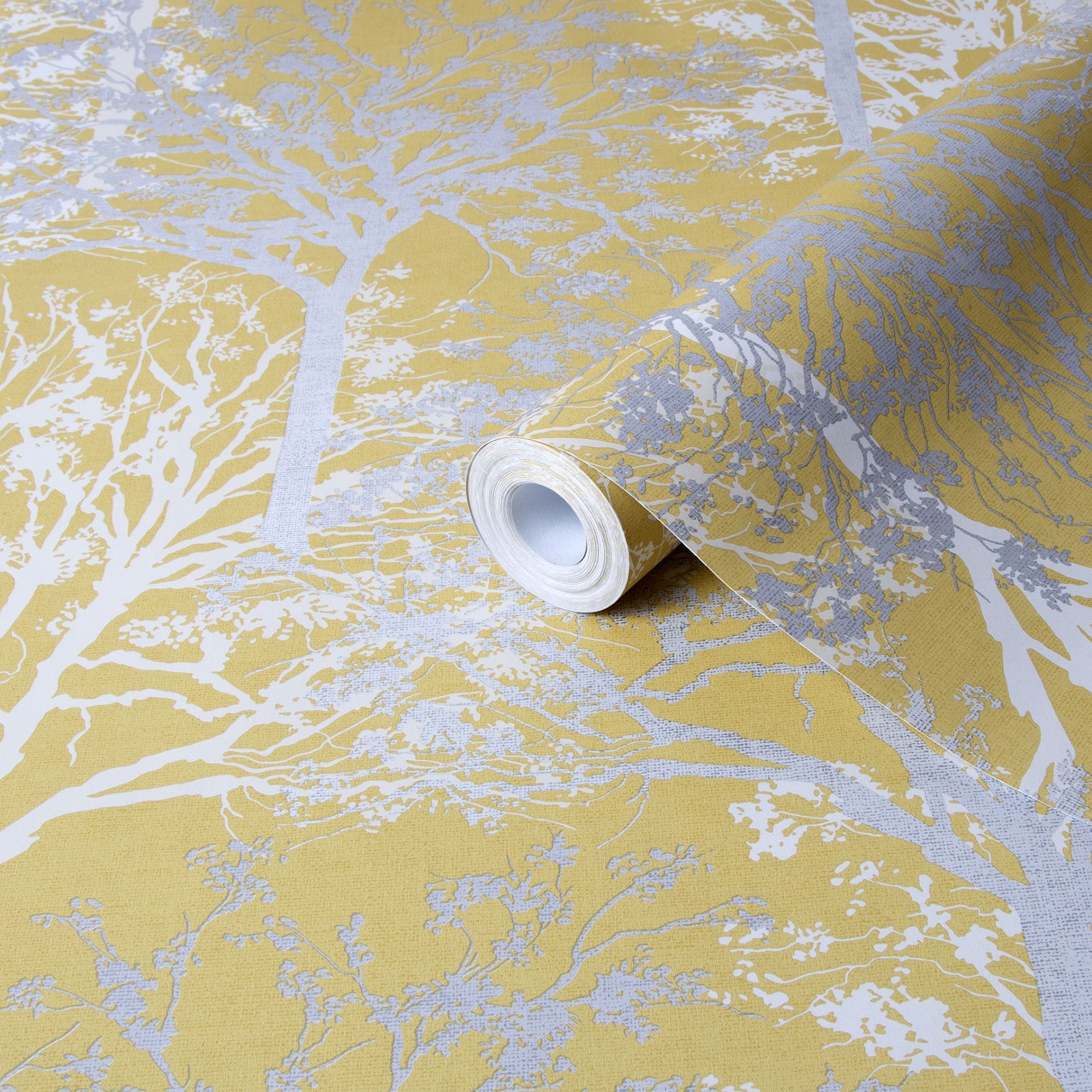 GoodHome Foxhill Yellow Metallic effect Trees Smooth Wallpaper