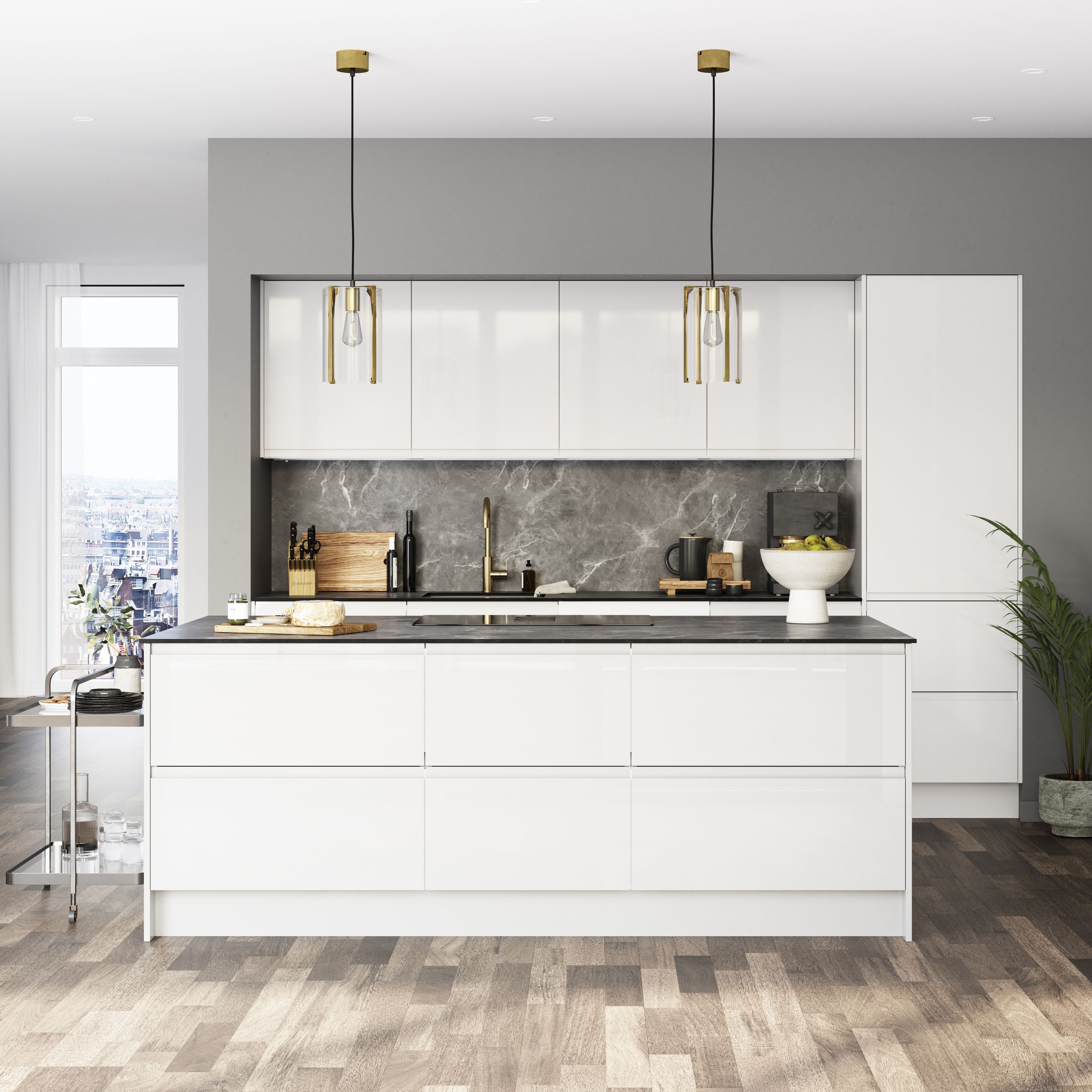GoodHome Garcinia Gloss light grey Integrated handle Base Kitchen cabinet (W) 1000mm (H)720mm