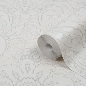 GoodHome Gavre White Silver glitter effect Damask Textured Wallpaper Sample