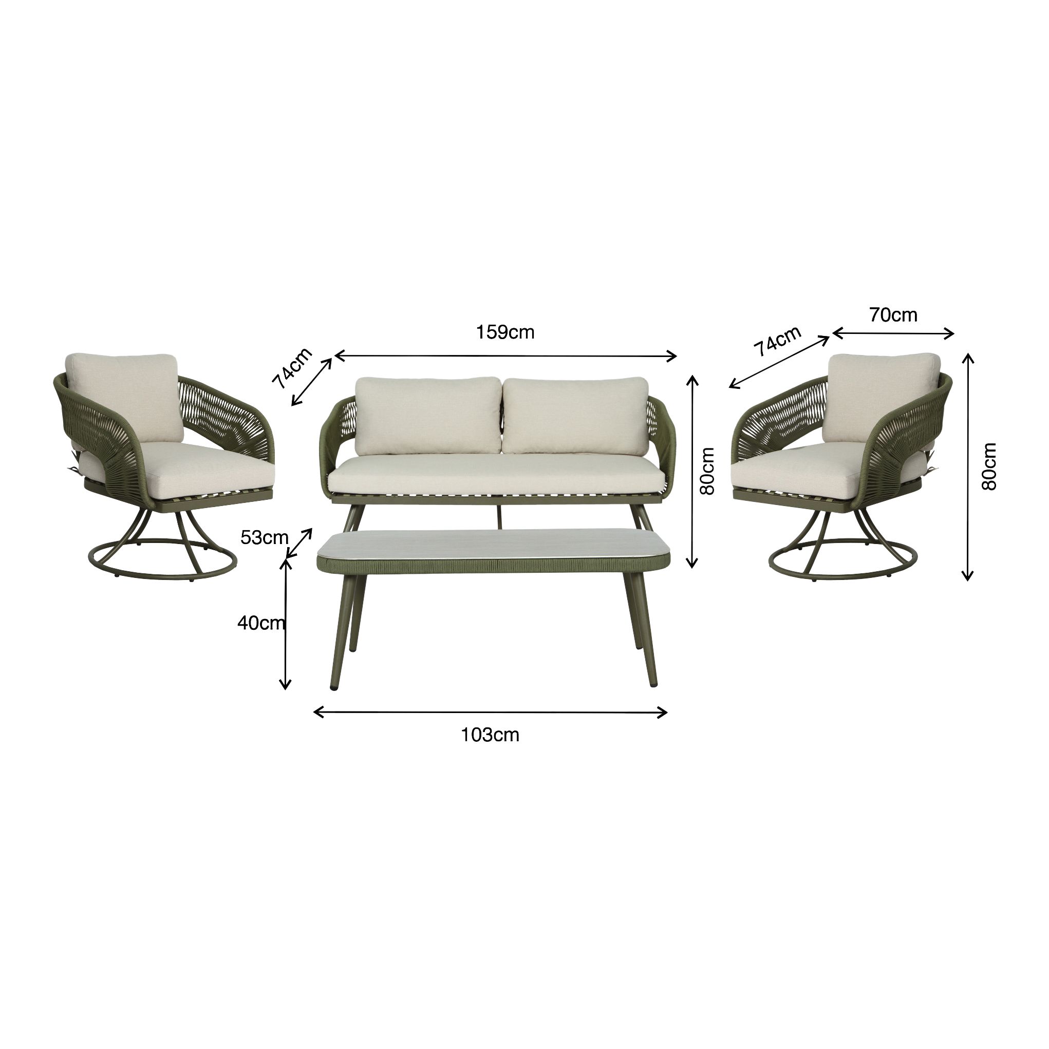 GoodHome Giza Green Metal 4 Seater Coffee set