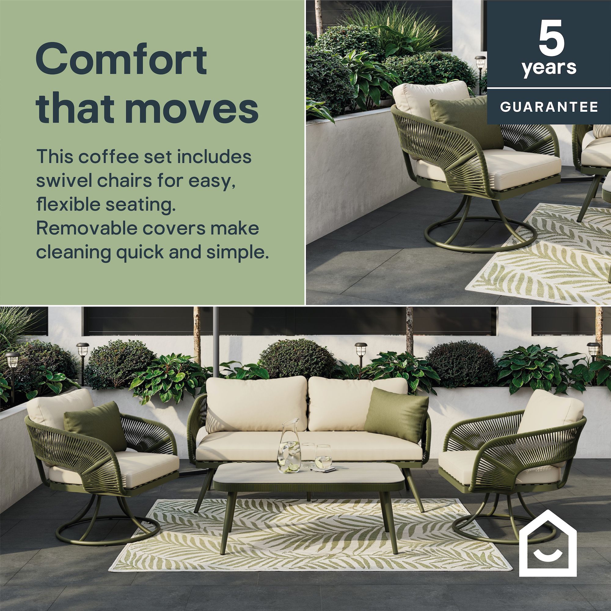 GoodHome Giza Green Metal 4 Seater Coffee set