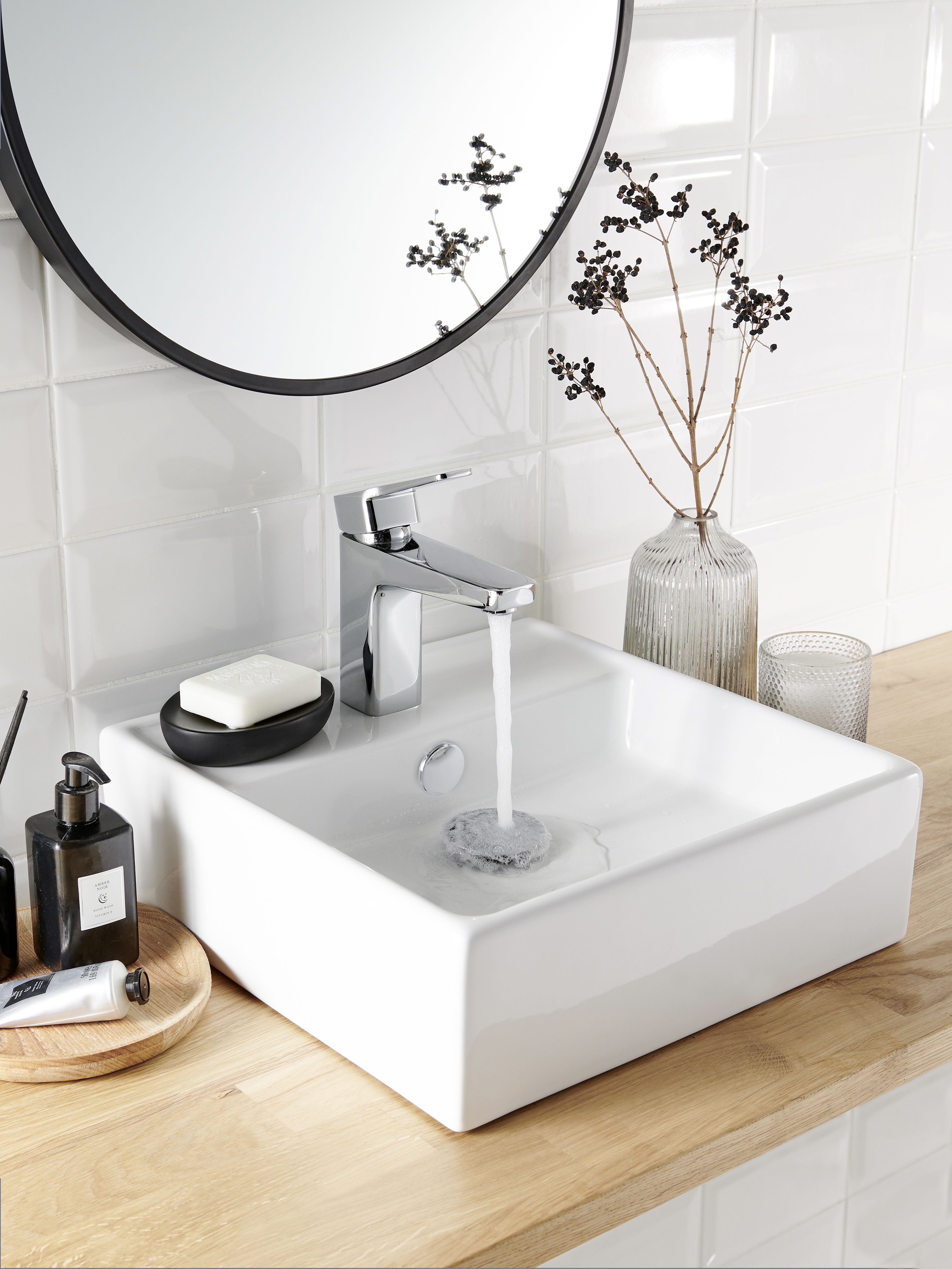 GoodHome Hendra Gloss White Square Single Counter top Basin (W)38cm