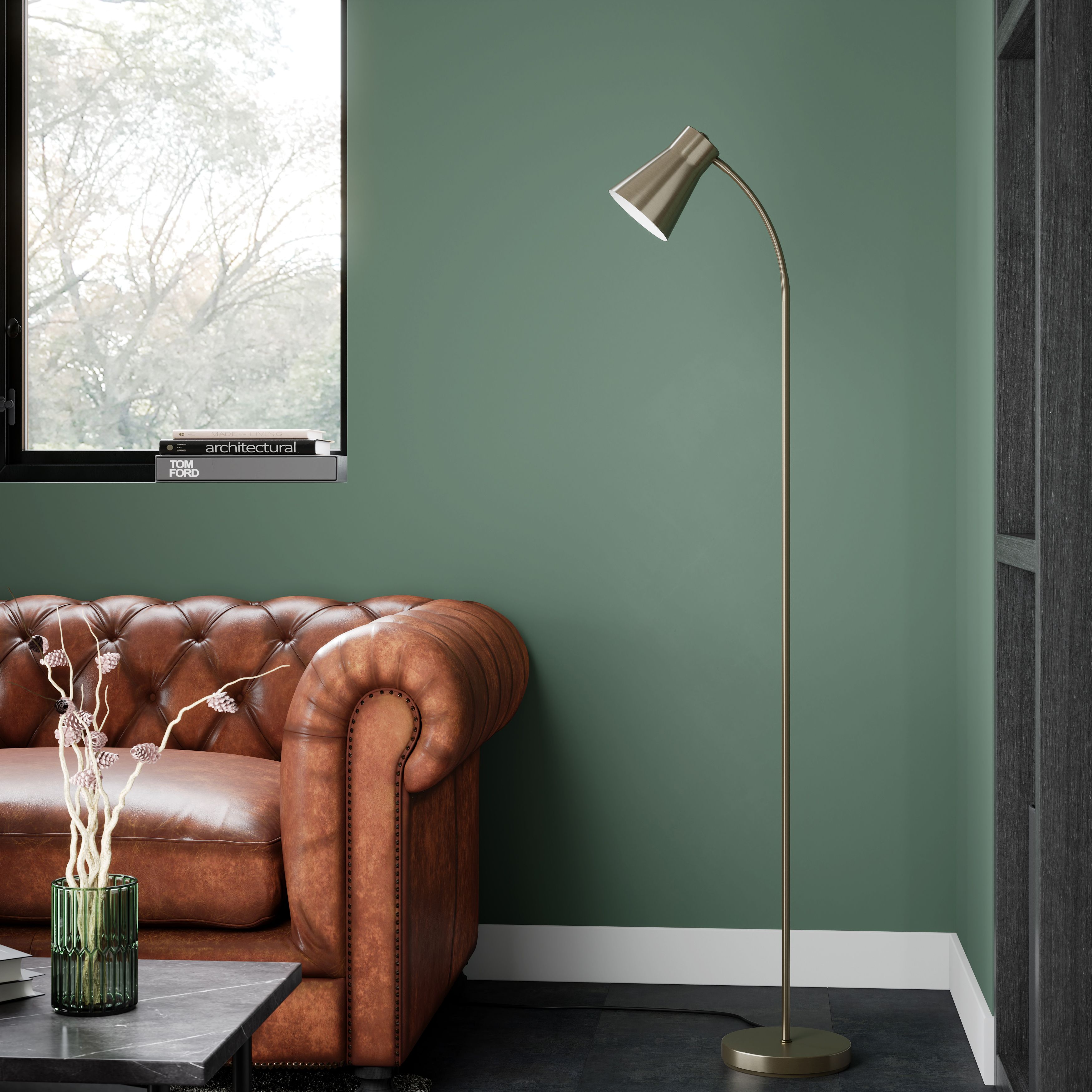GoodHome Hetange Satin Antique brass effect Floor lamp
