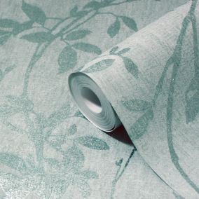 GoodHome Hirta Duck egg Metallic effect Floral Textured Wallpaper Sample