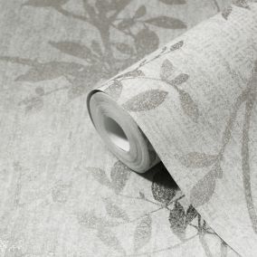 GoodHome Hirta Grey Metallic effect Floral Textured Wallpaper Sample