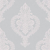 GoodHome Horsely Grey Damask Mica effect Textured Wallpaper Sample