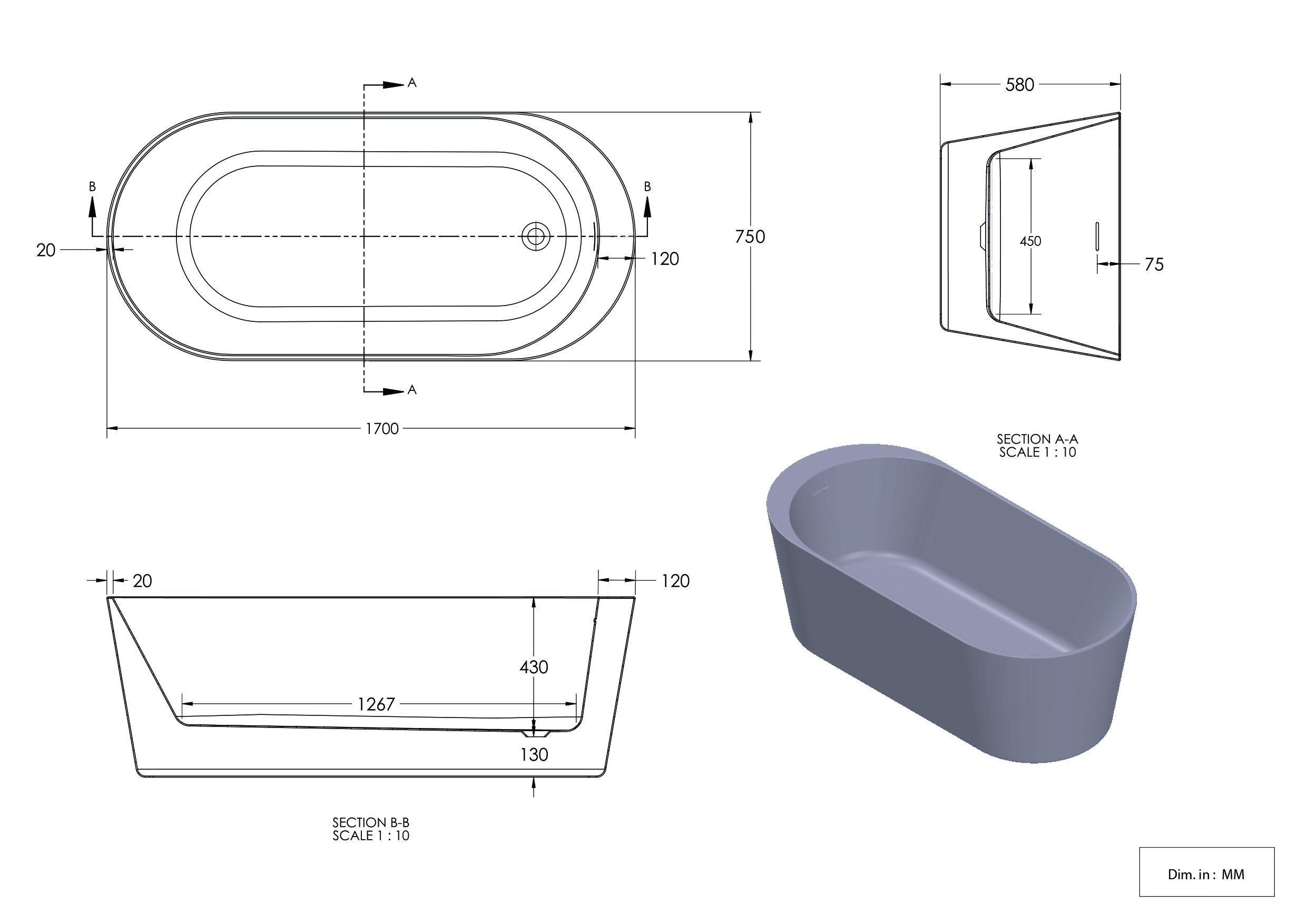 GoodHome Huron Matt Black Acrylic Oval Freestanding Bath (L)1700mm (W)750mm