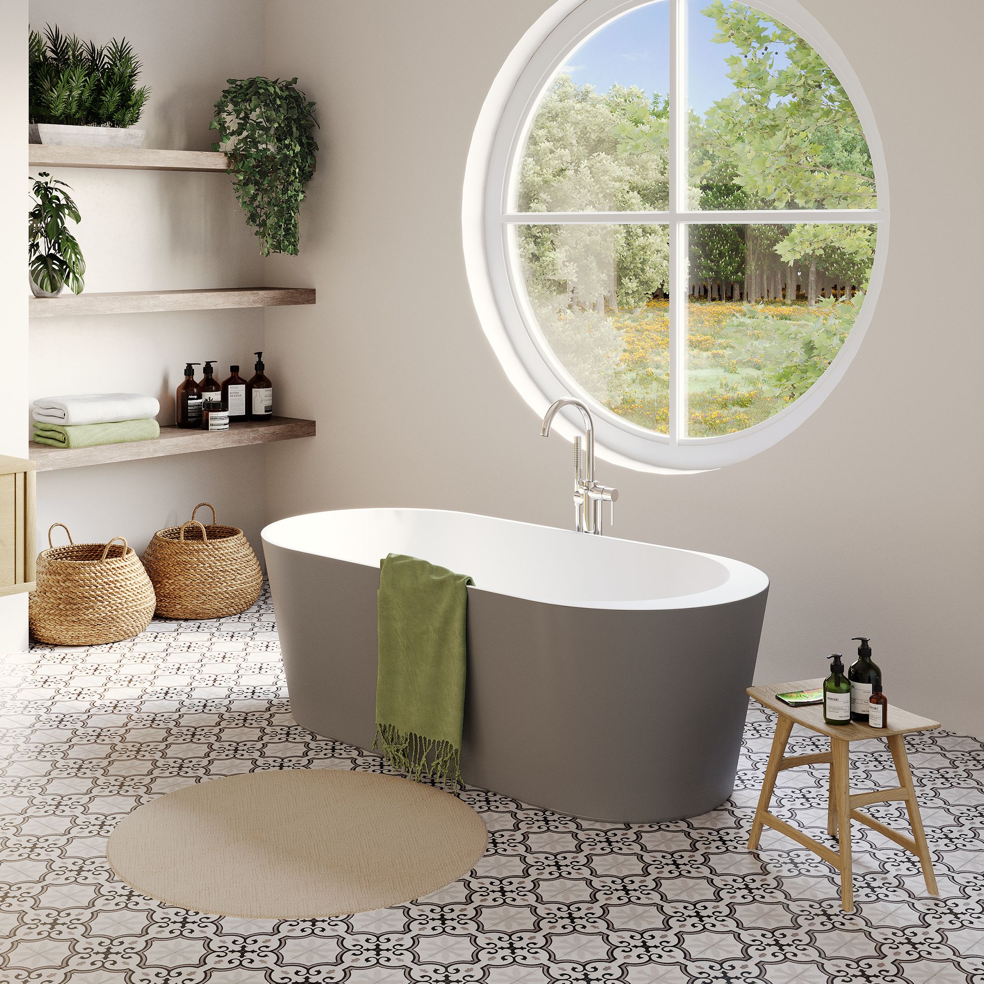 GoodHome Huron Matt Grey Oval Single ended Bath Freestanding (L)170cm (W)75cm