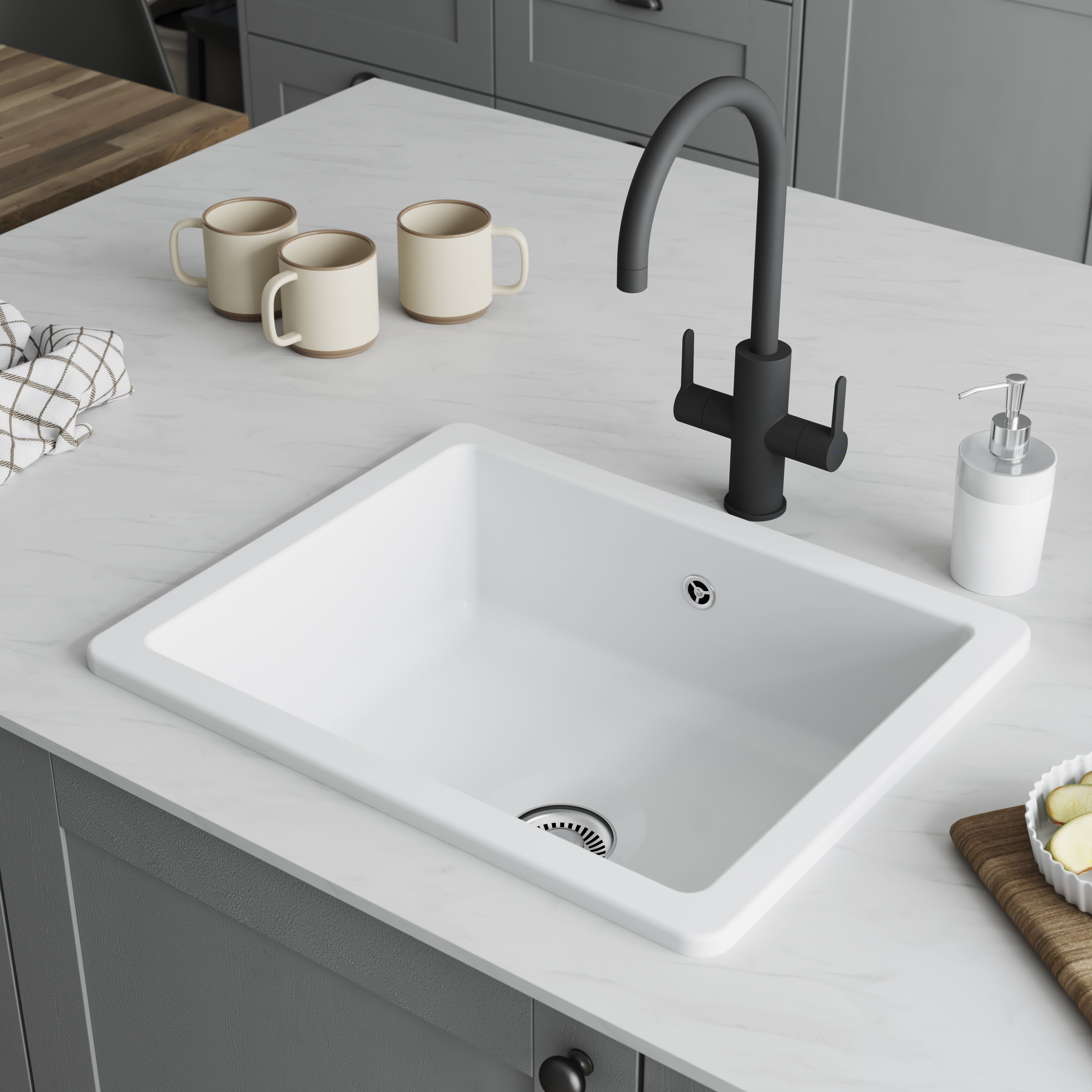 GoodHome Hyssop White Ceramic 1 Bowl Kitchen sink 460mm x 565mm