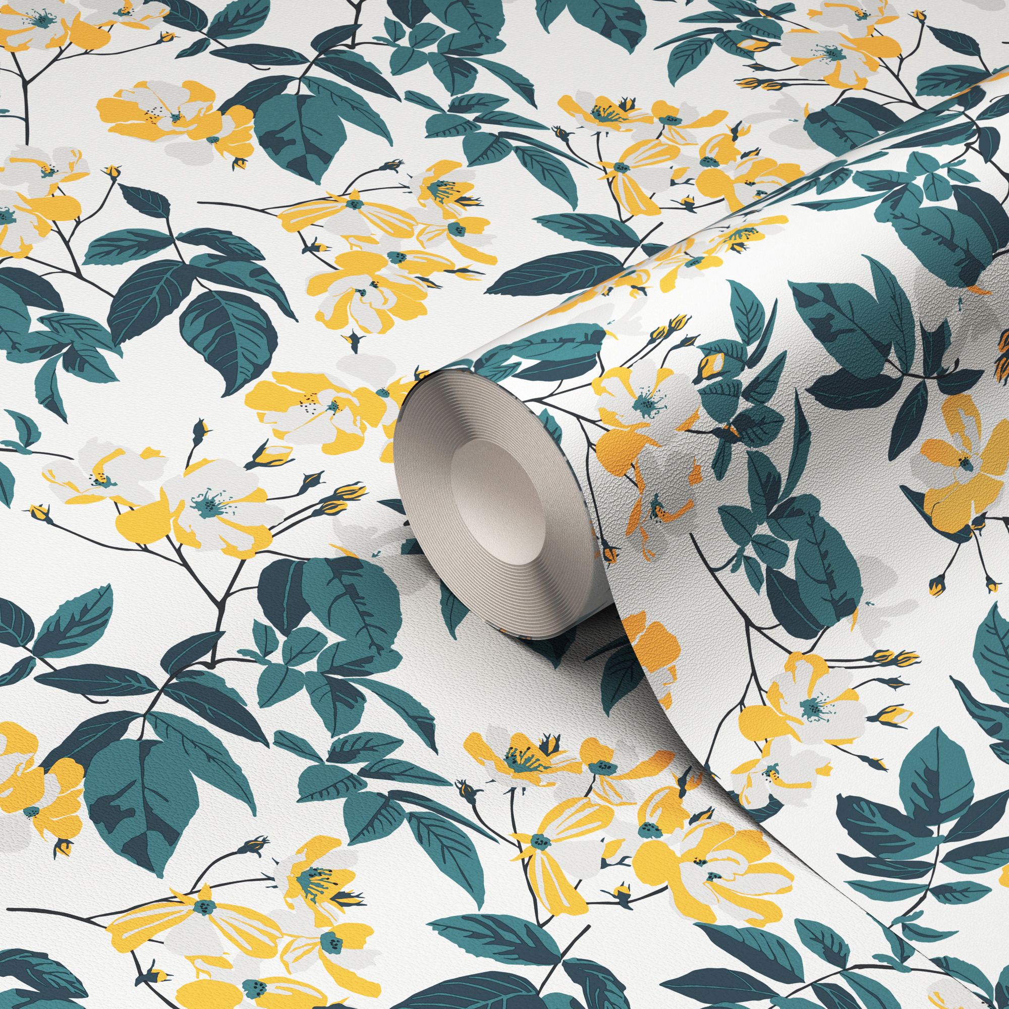 GoodHome Ikok Teal & yellow Floral Pearl effect Smooth Wallpaper | DIY