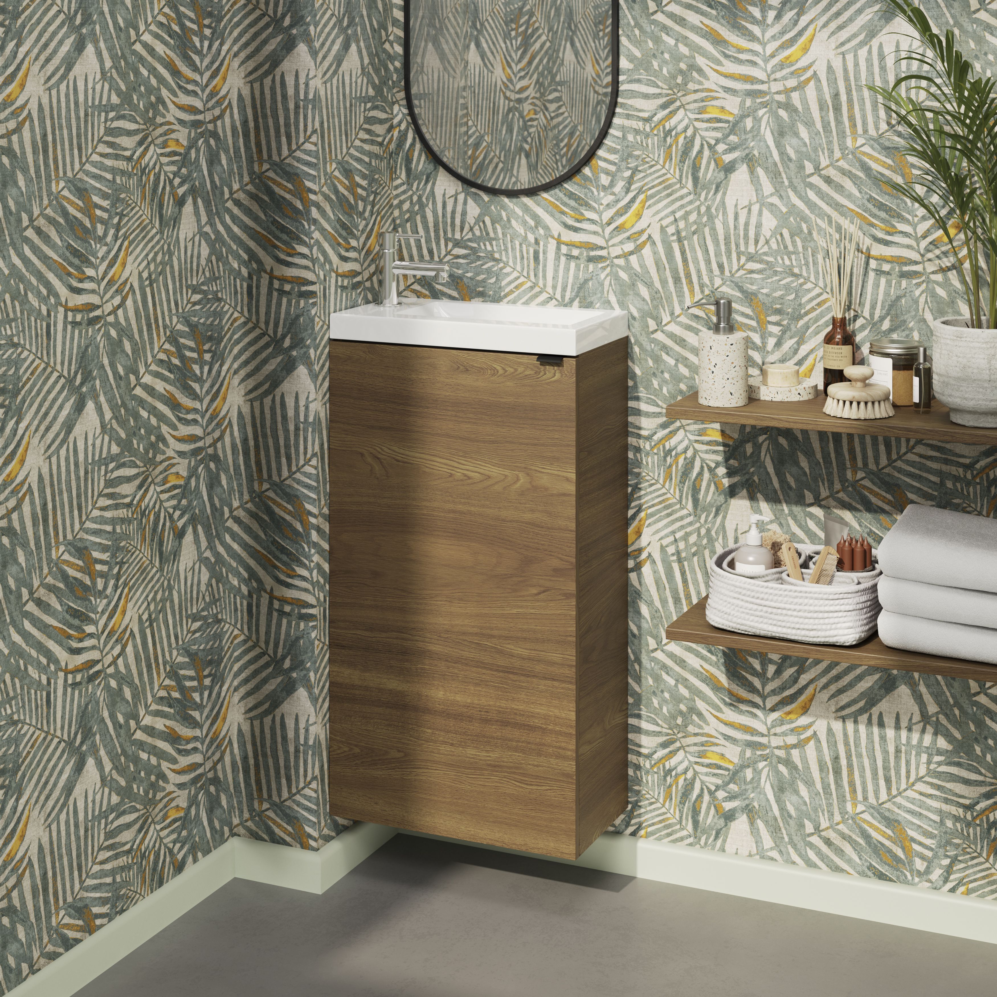 GoodHome Imandra Compact Walnut effect Single Freestanding Bathroom Cloakroom unit (H) 790mm (W) 440mm