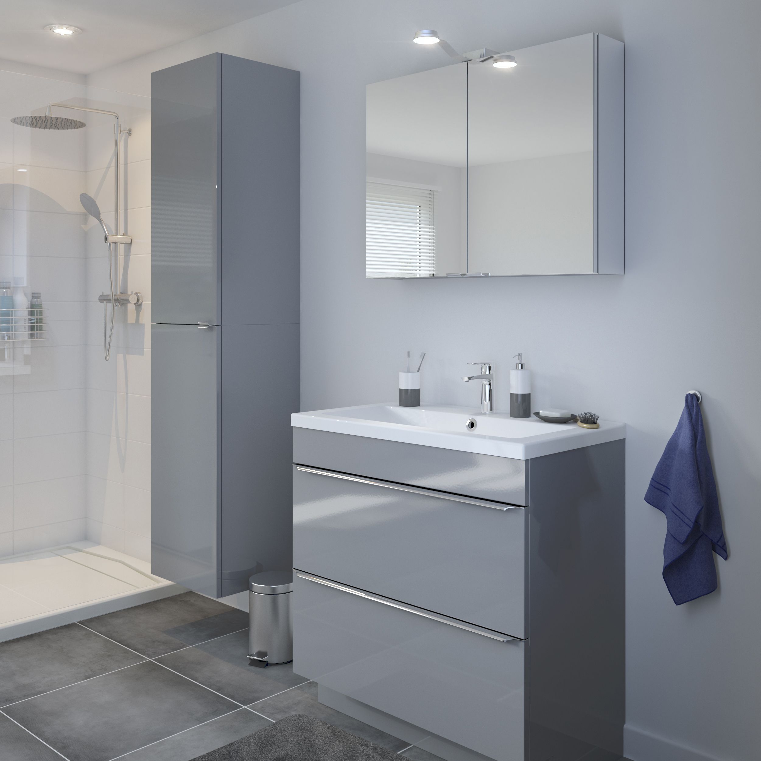 GoodHome Imandra Gloss Grey Freestanding Bathroom Cabinet (H) 820mm (W) 800mm