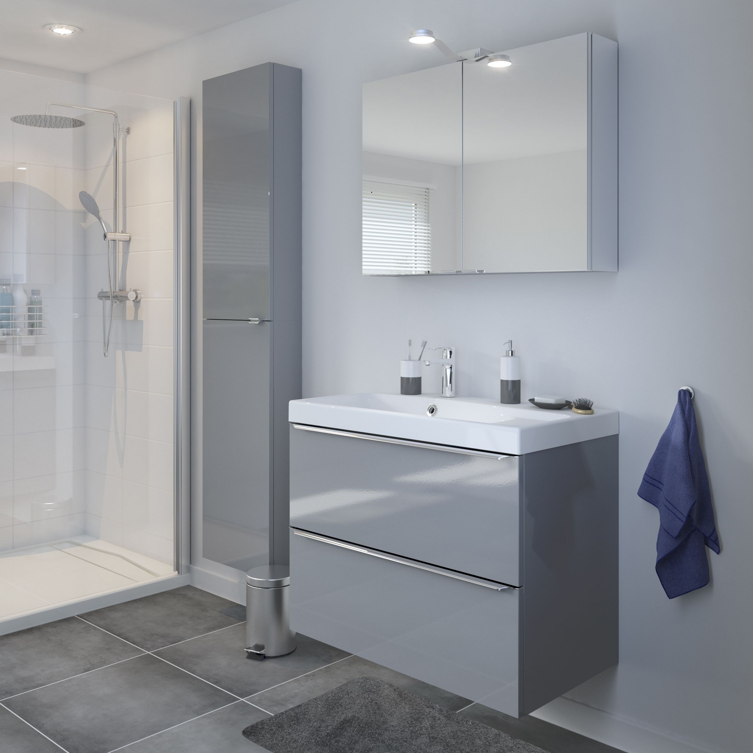 GoodHome Imandra Gloss Grey Wall-mounted Bathroom Vanity unit (H) 600mm (W) 800mm