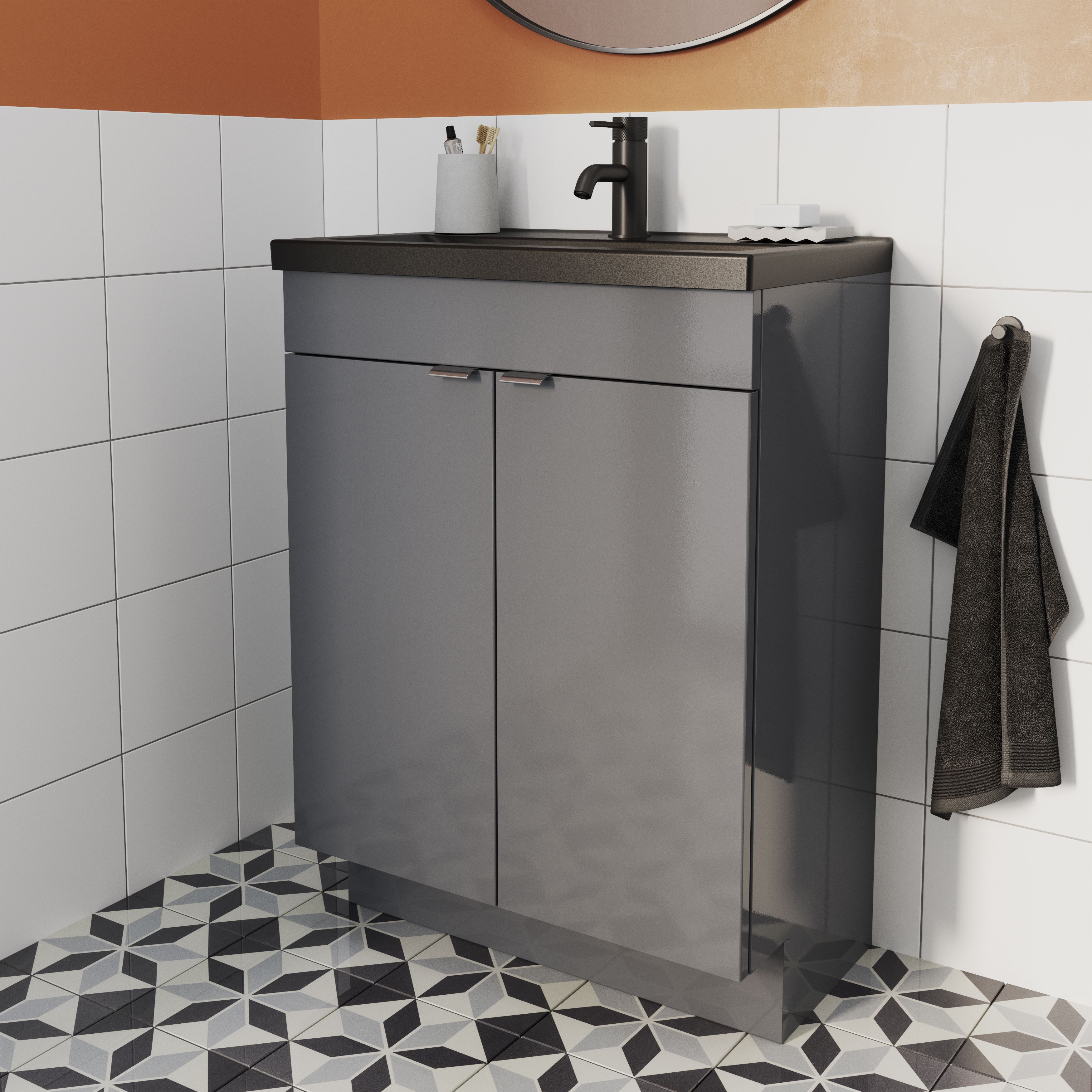 GoodHome Imandra Slimline Gloss Grey Double Bathroom Cabinet (H) 820mm (W) 600mm