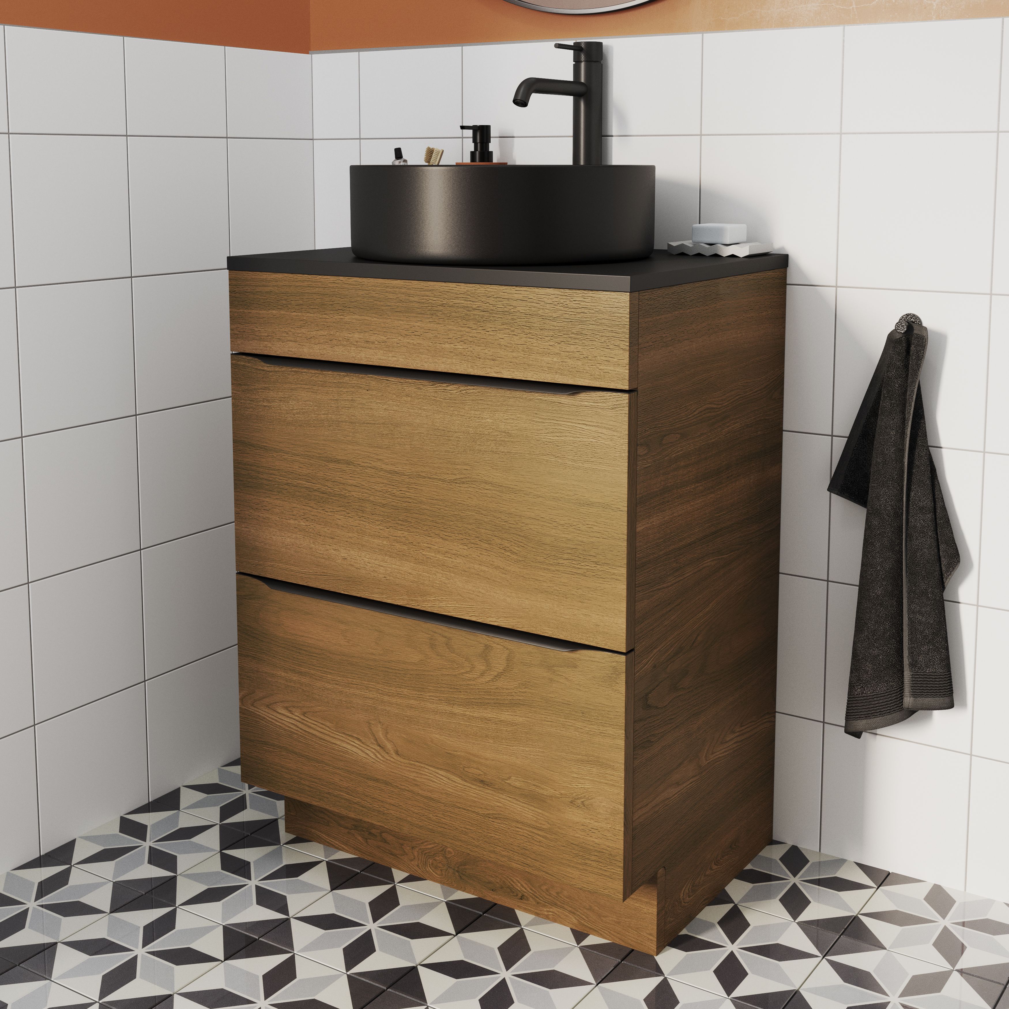 GoodHome Imandra Standard Matt Walnut effect Freestanding Bathroom Cabinet (H) 820mm (W) 600mm