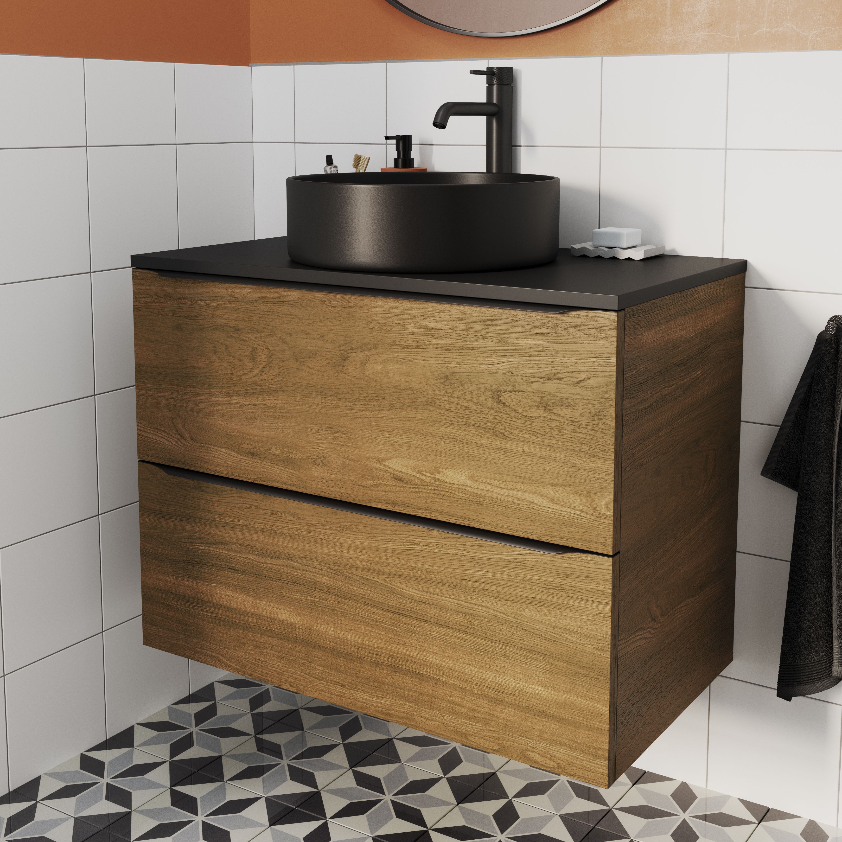 GoodHome Imandra Walnut effect Wall-mounted Bathroom Cabinet (H) 600mm (W) 800mm