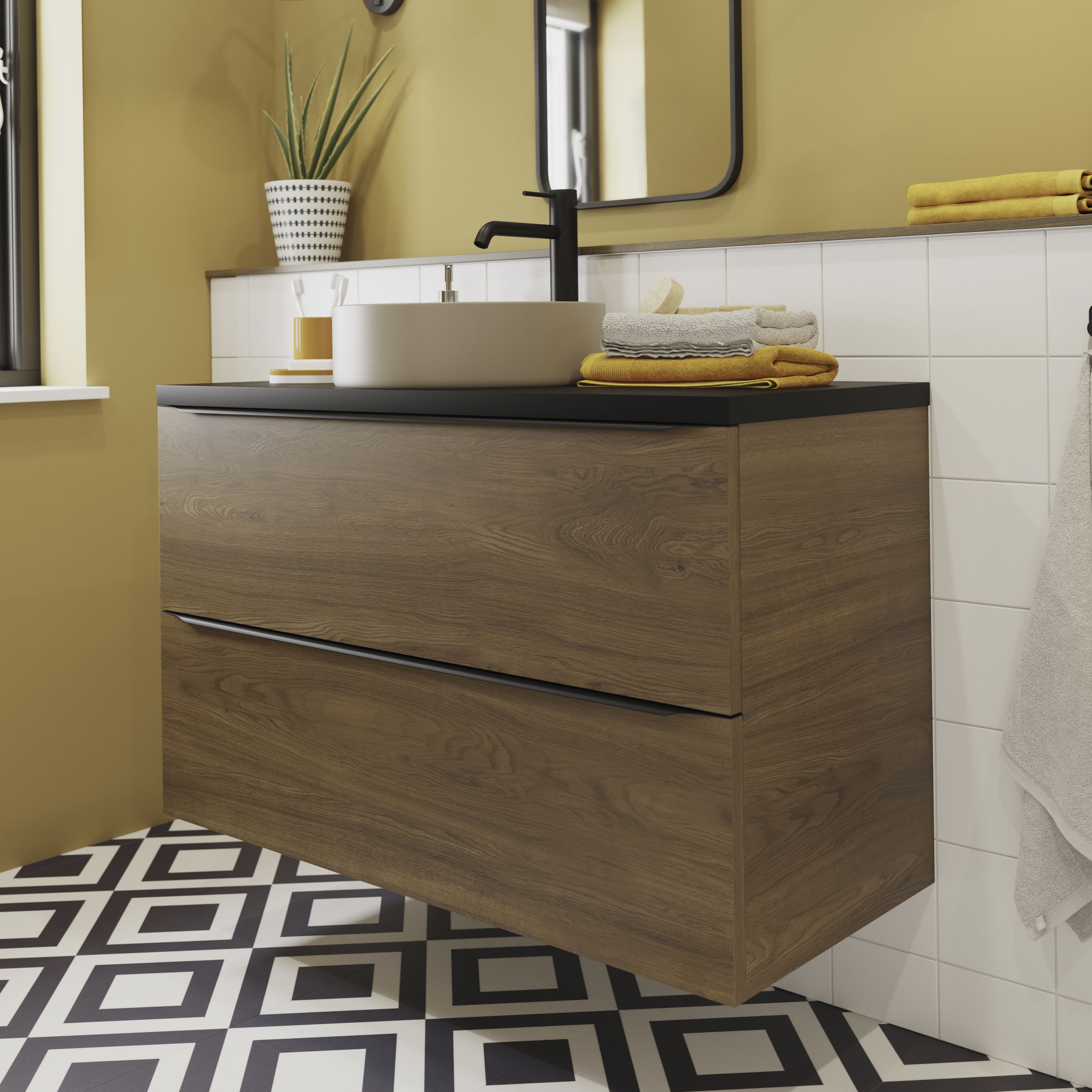 GoodHome Imandra Wide Walnut effect Wall-mounted Bathroom Cabinet (H) 600mm (W) 1000mm