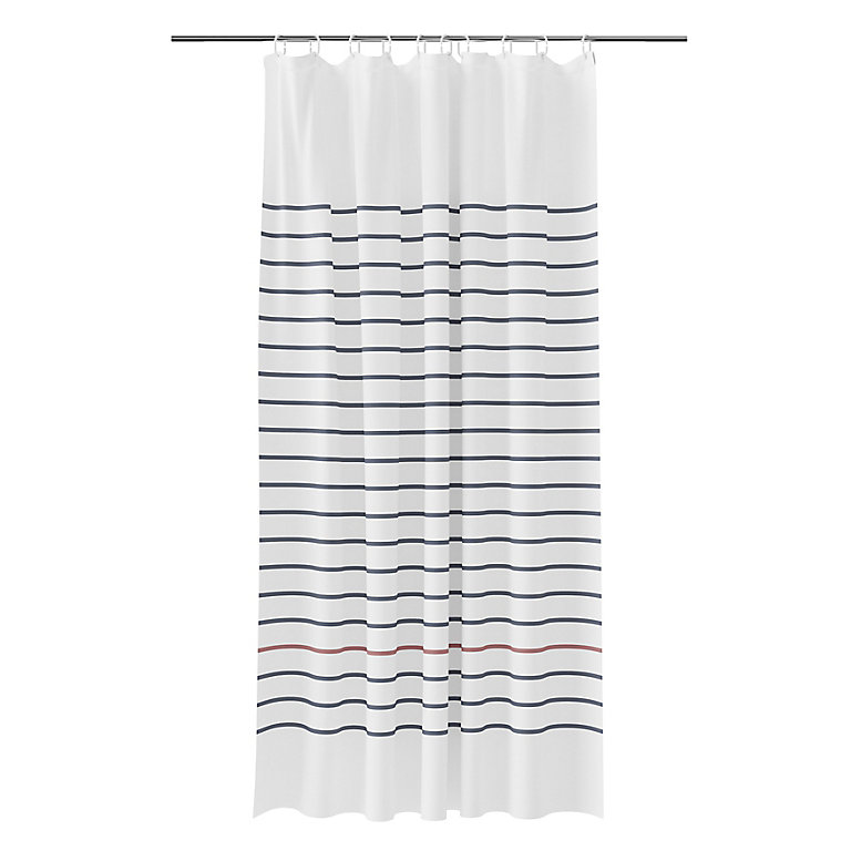 Goodhome Islay White Blue Stripes, Gray Horizontal Striped Shower Curtain