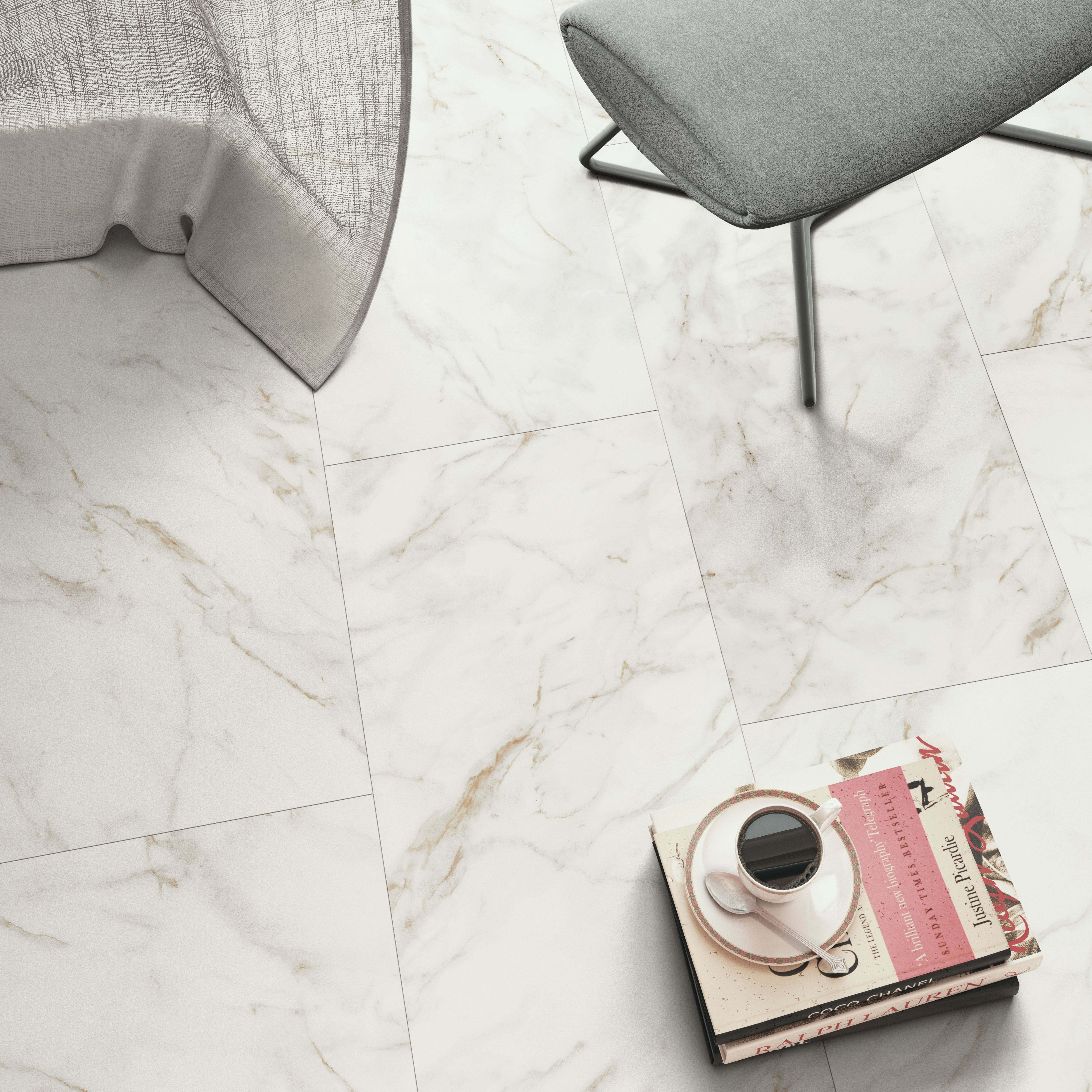 GoodHome Italo ceramin White Deeply textured Marble effect Textured Click vinyl Tile, 2.4m²