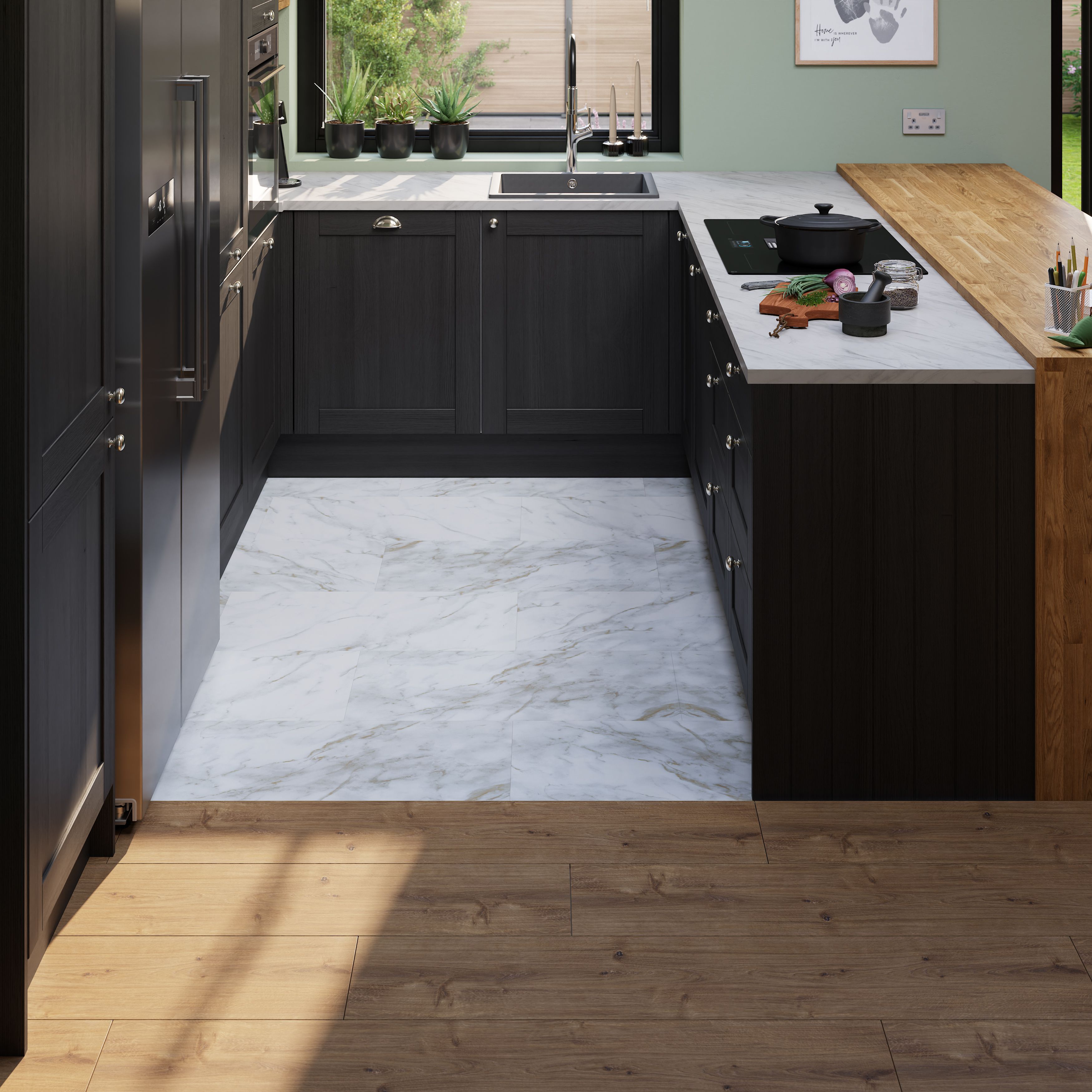 GoodHome Italo ceramin White Deeply textured Marble effect Textured Click vinyl Tile, 2.4m²