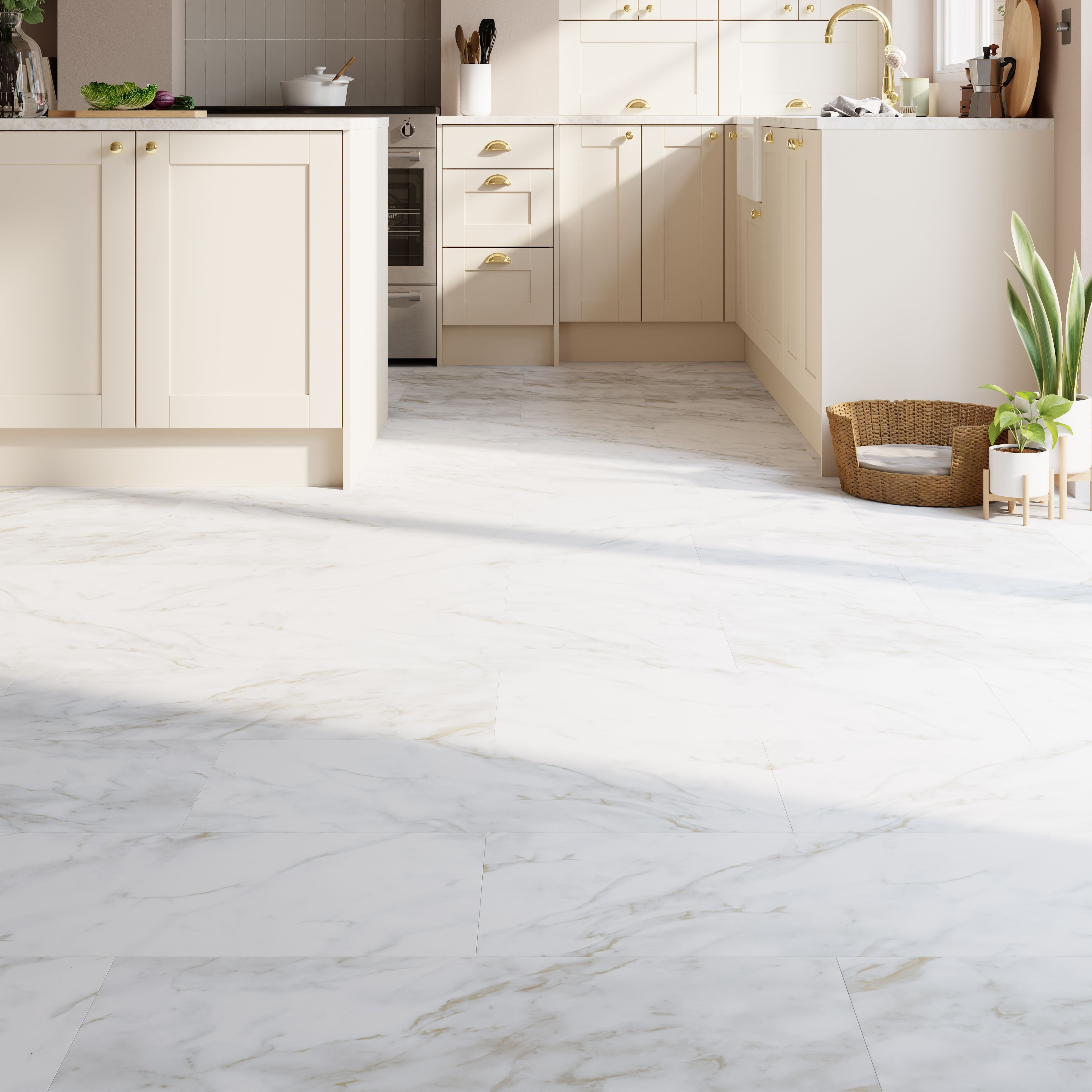 GoodHome Italo White Marble effect Textured Click vinyl Tile, 2.4m²