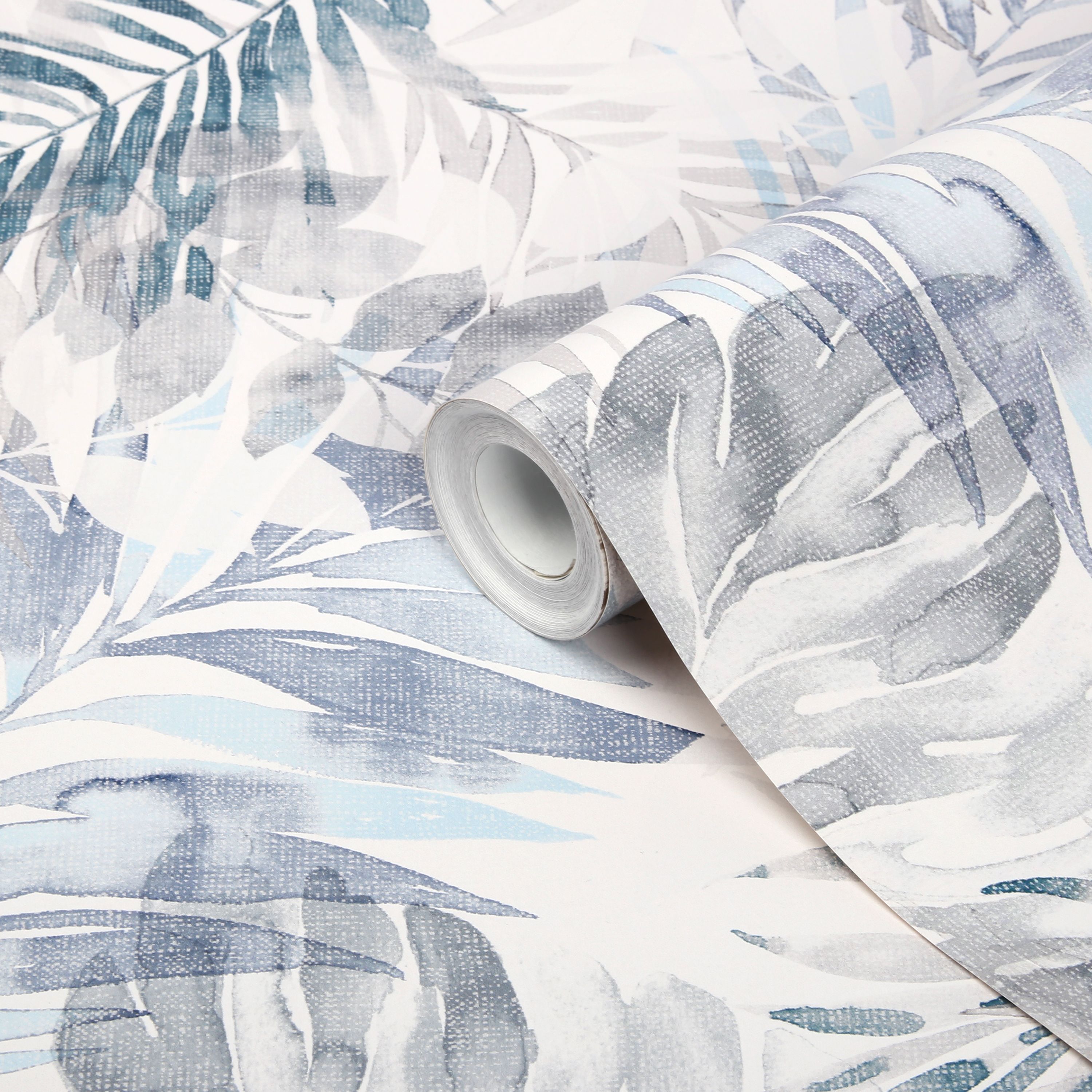 GoodHome Jarava Blue Leaves Shabby chic Textured Wallpaper