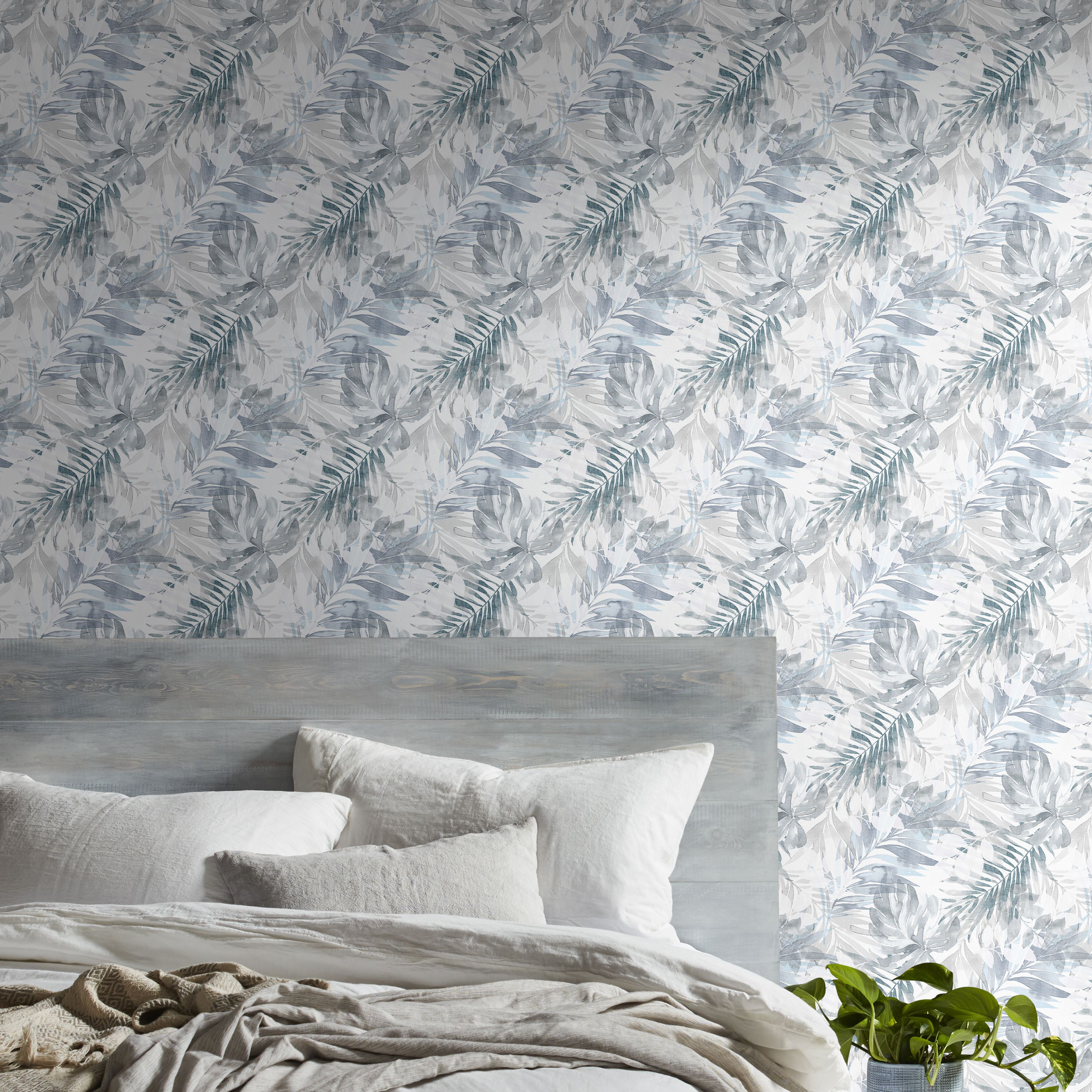 GoodHome Jarava Blue Leaves Textured Wallpaper Sample